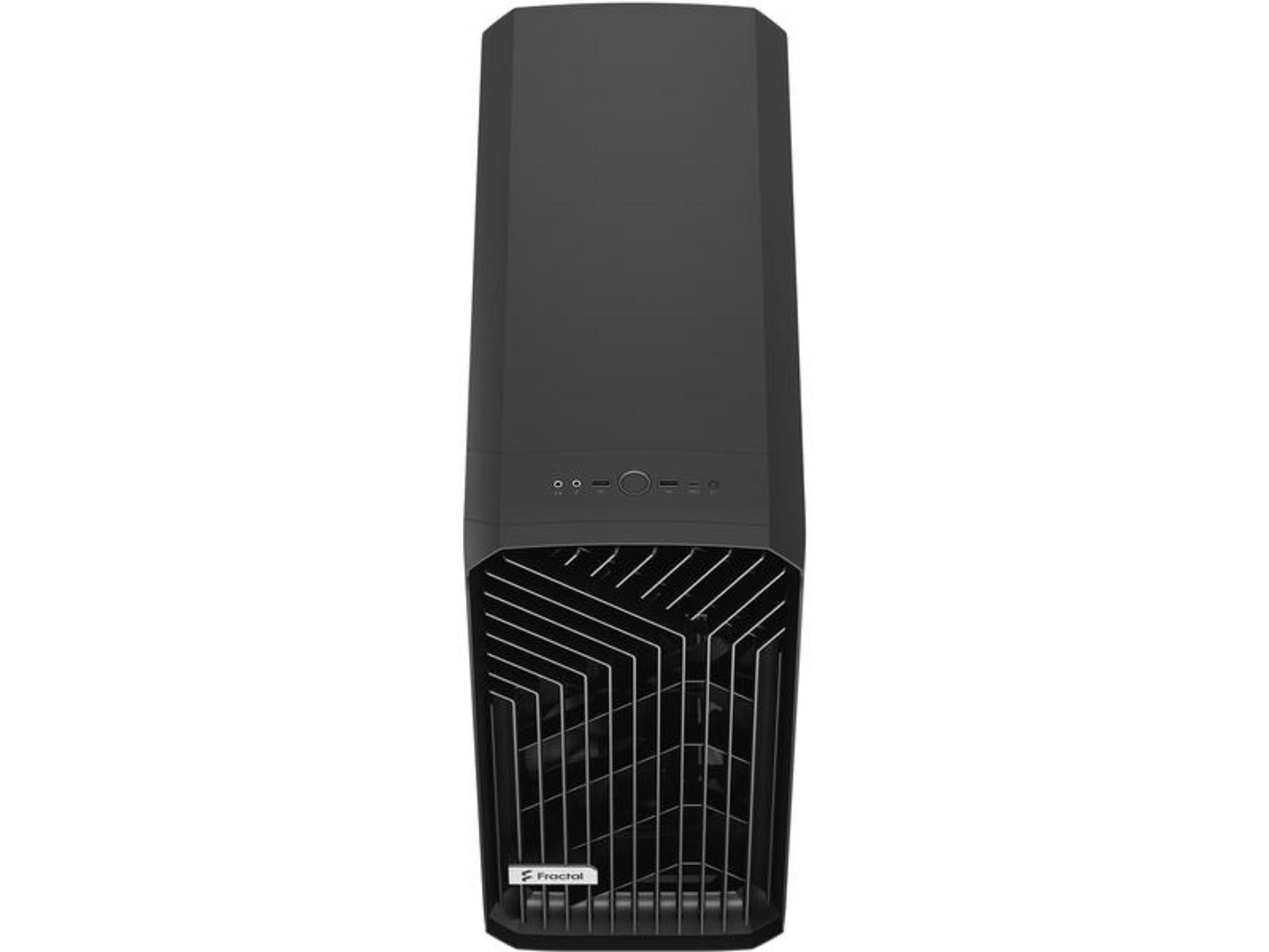 Case per computer Fractal Design nero con griglia ventola e pulsanti.