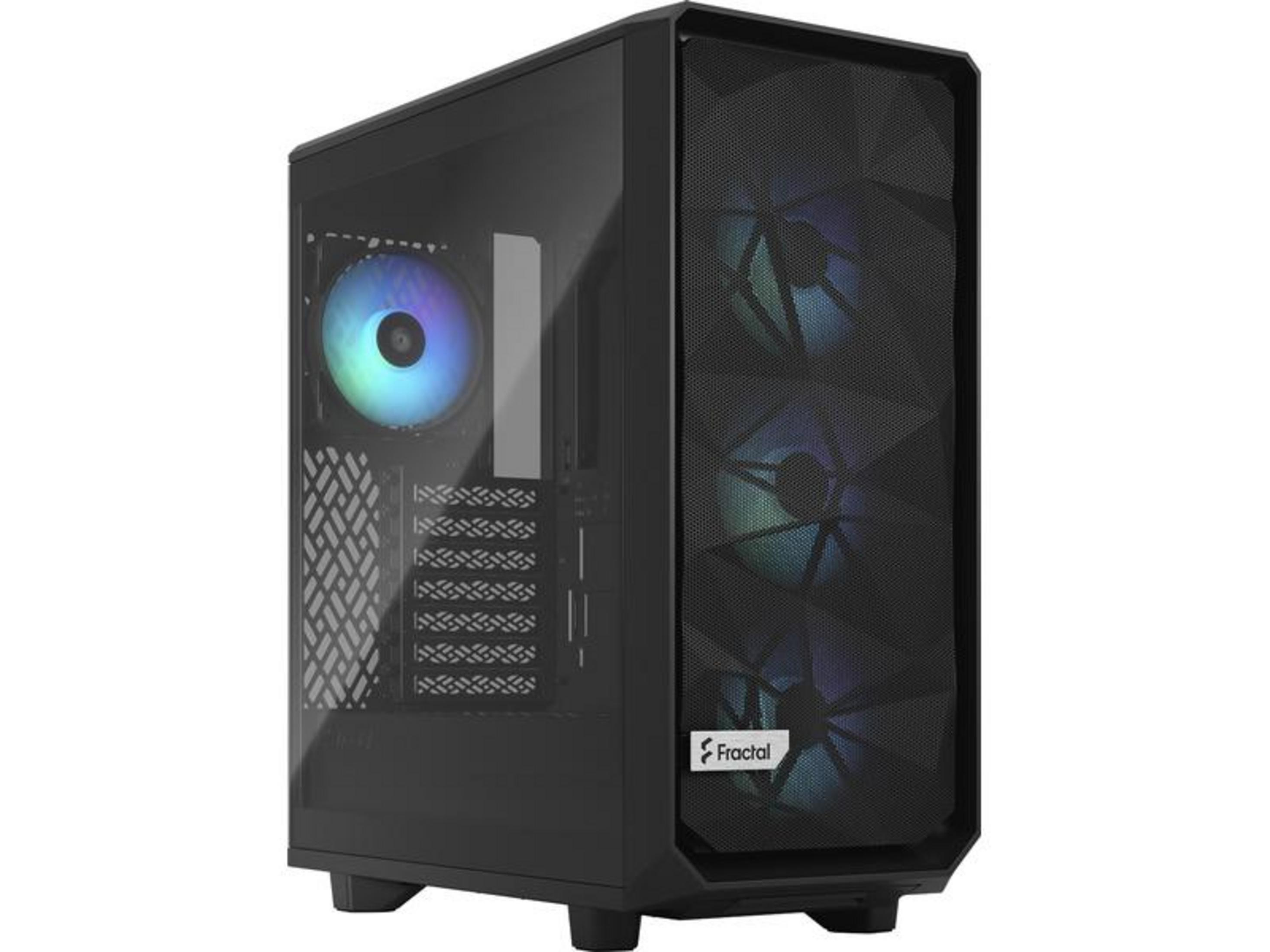 Case PC nero con lato in vetro e ventole RGB. Logo Fractal in basso a destra.