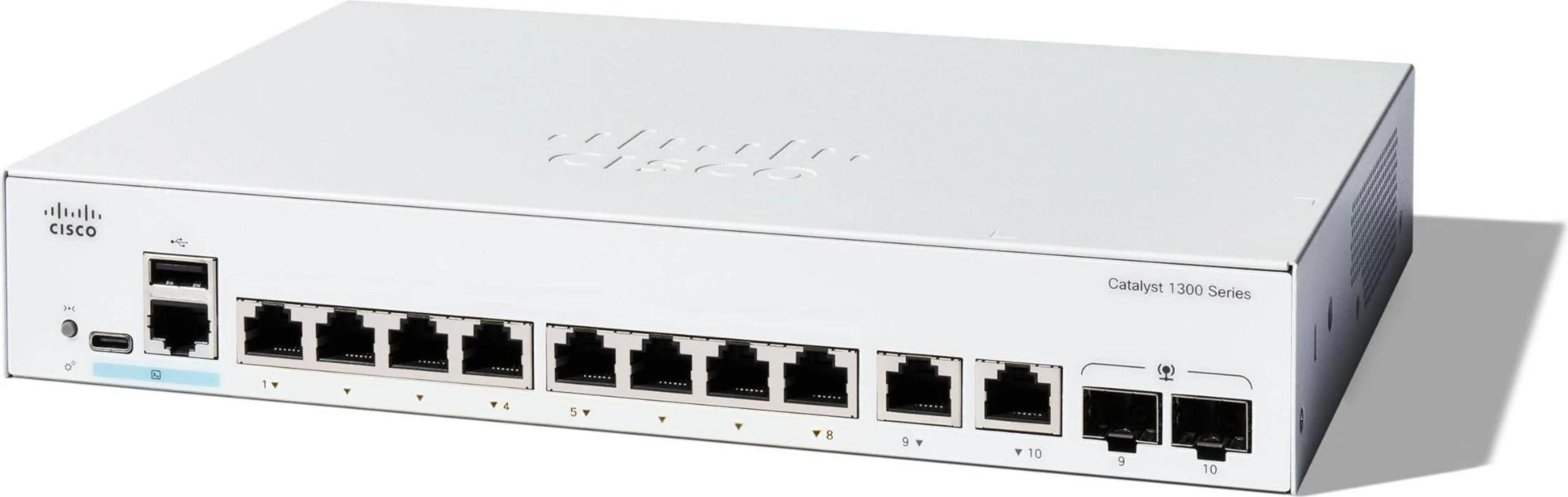 Ein weißer Cisco Catalyst 1300 Series Netzwerk-Switch mit vielen Ethernet-Anschlüssen.
