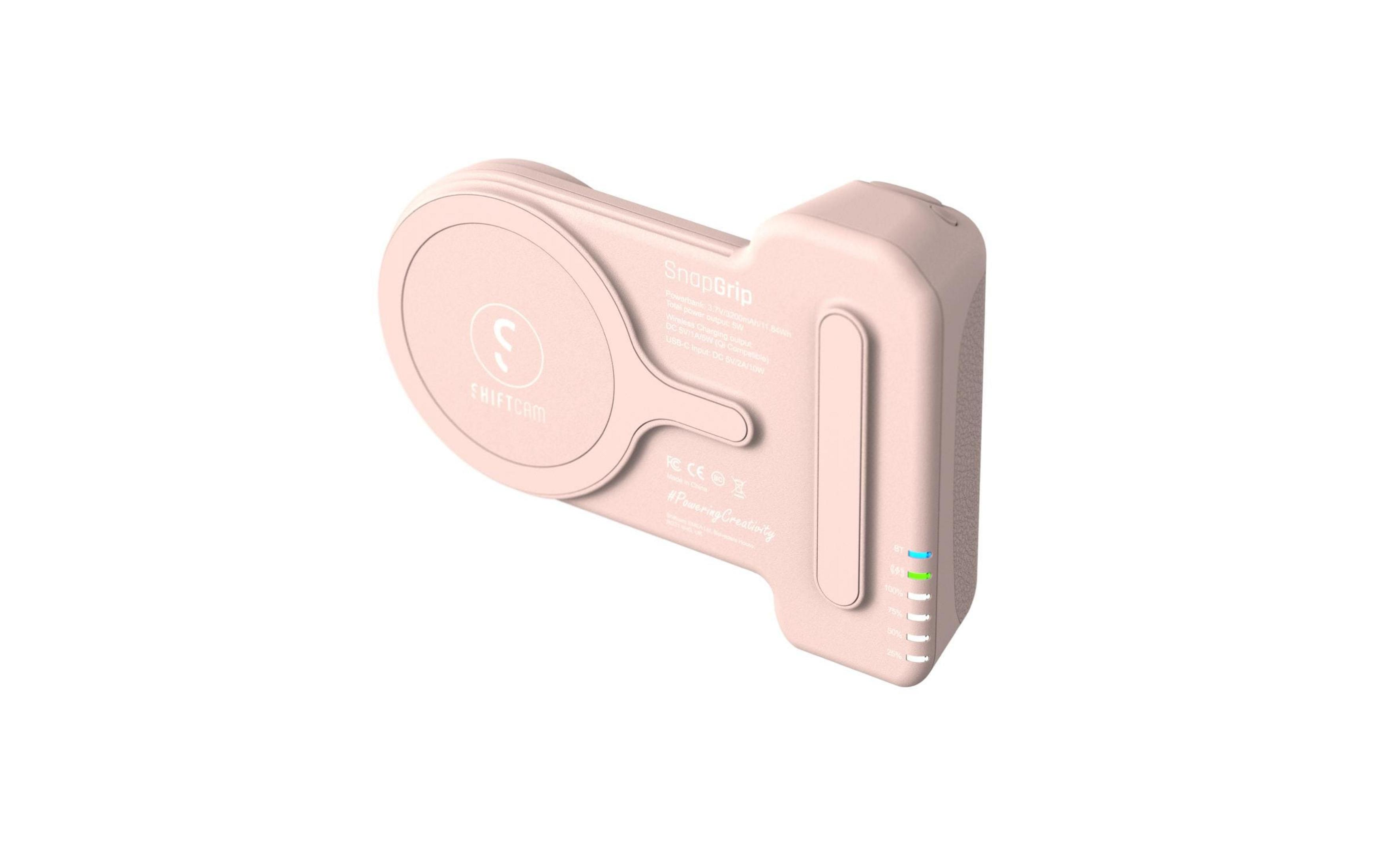 Ein rosafarbener SnapGrip Powerbank mit Ladeanzeigen und Branding.