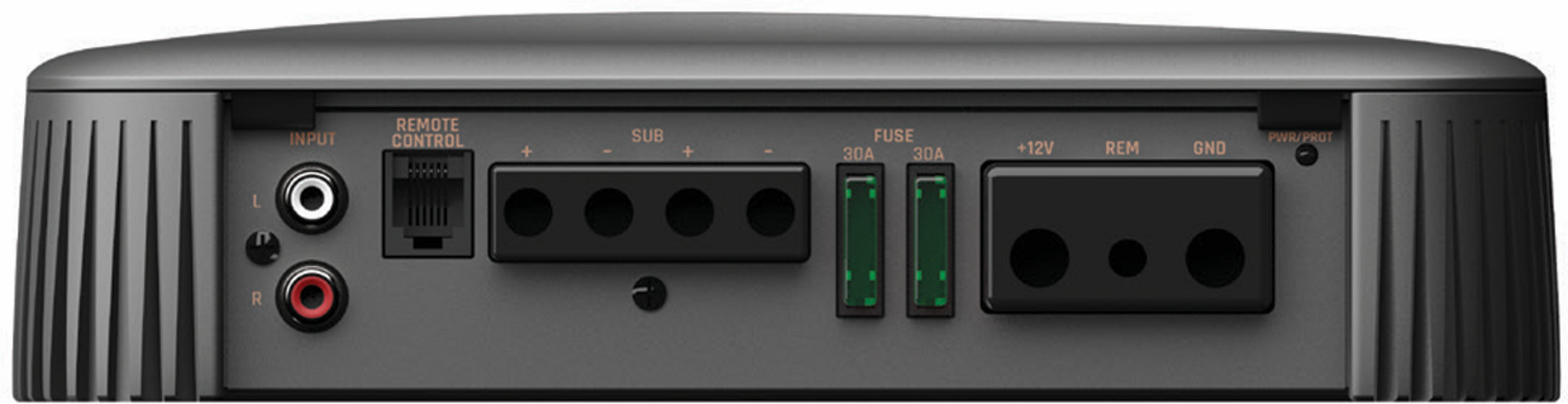 Rückseite eines Verstärkers mit Anschlüssen für Strom, Fernbedienung und Subwoofer.