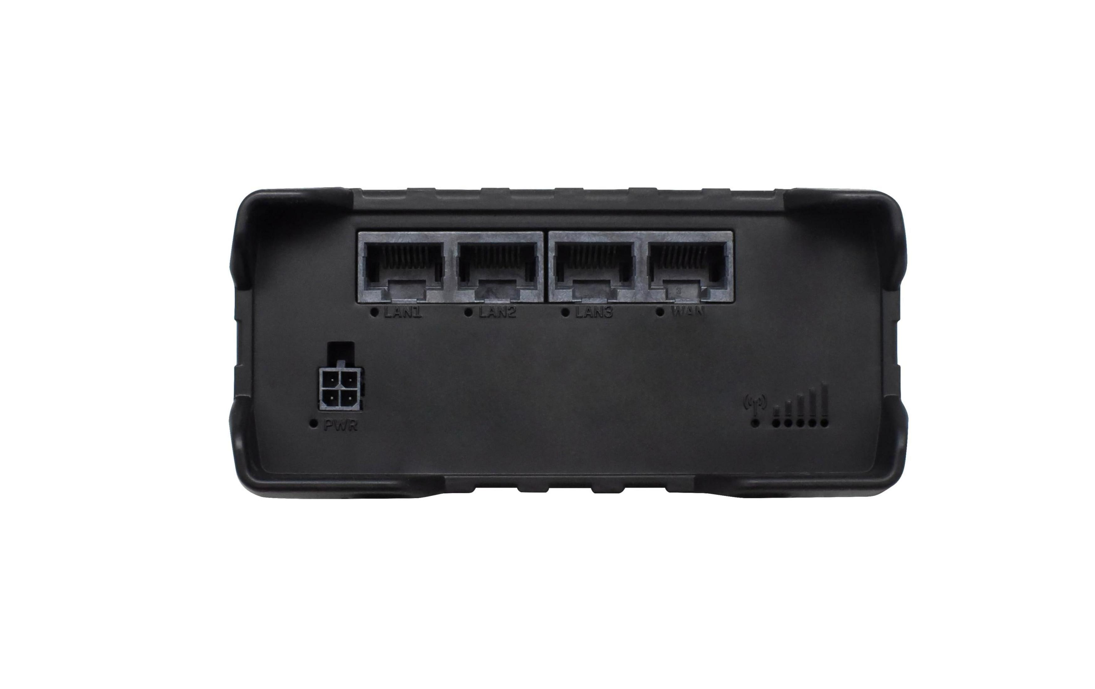 Router nero con porte LAN, WAN, connettore di alimentazione e indicatore segnale.