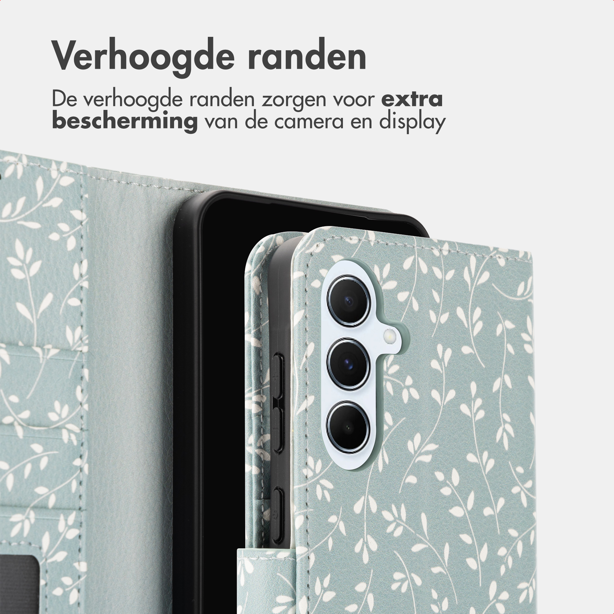 Un smartphone dans un étui à motif de feuilles. Les bords surélevés protègent la caméra.