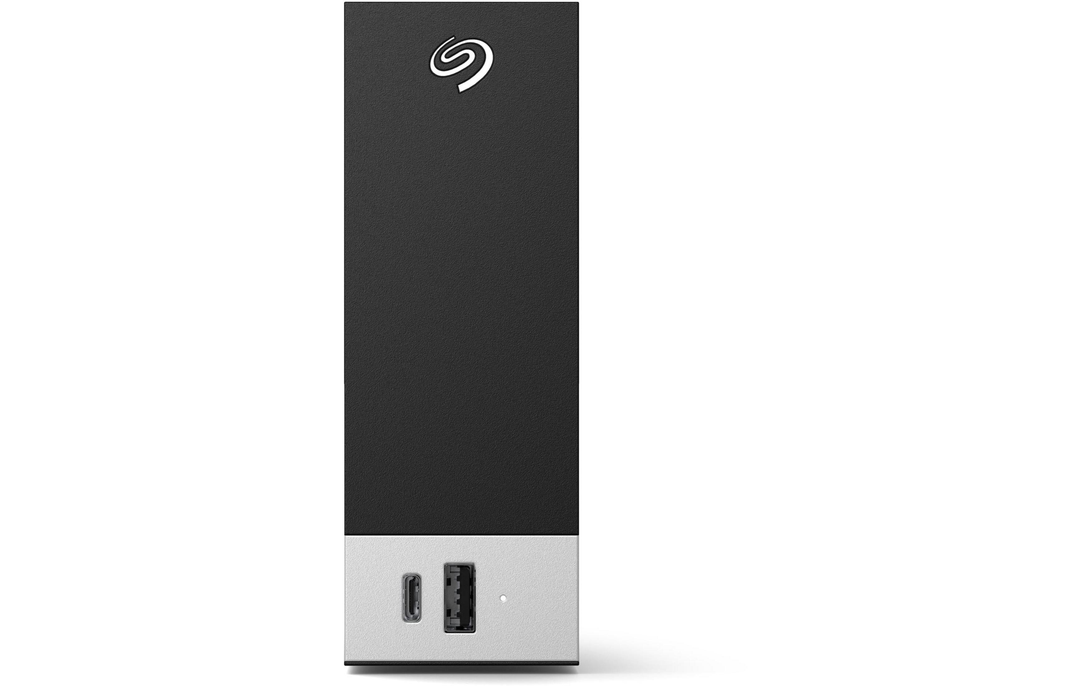 Unità Seagate nera con parte anteriore argentata e due porte.