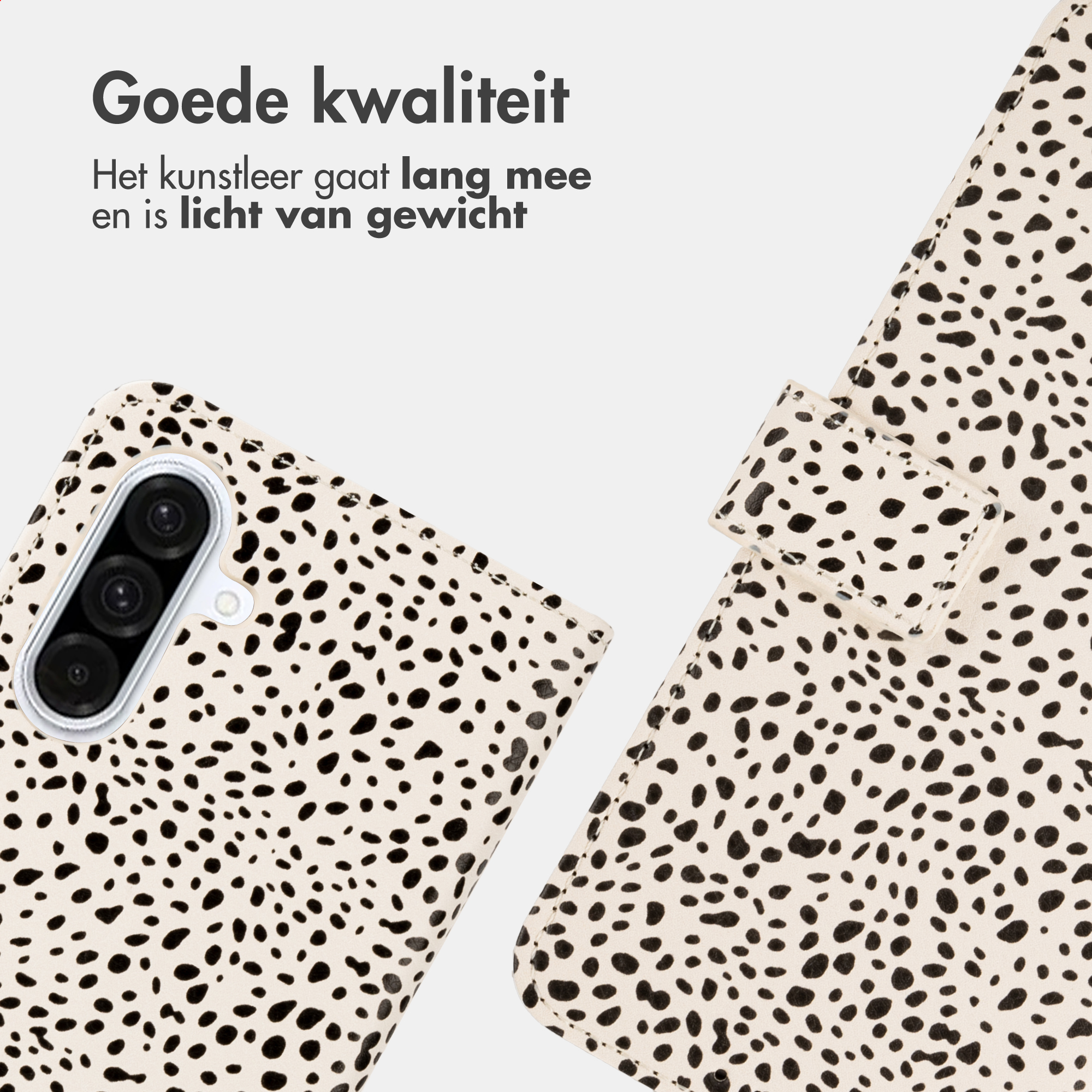 Una cover per telefono con motivo a pois neri su sfondo chiaro.