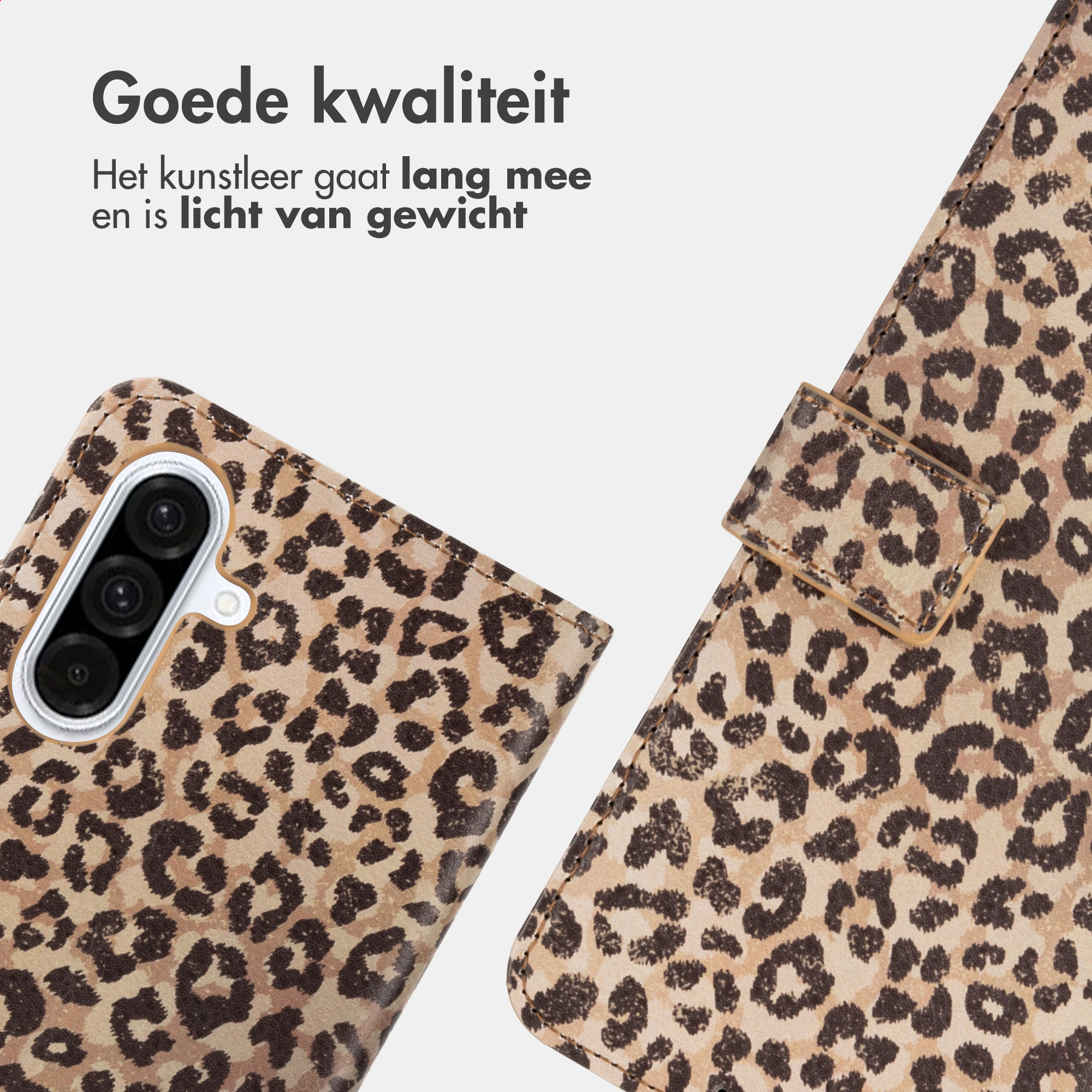 Una custodia per telefono con stampa leopardata e ritaglio per fotocamera.