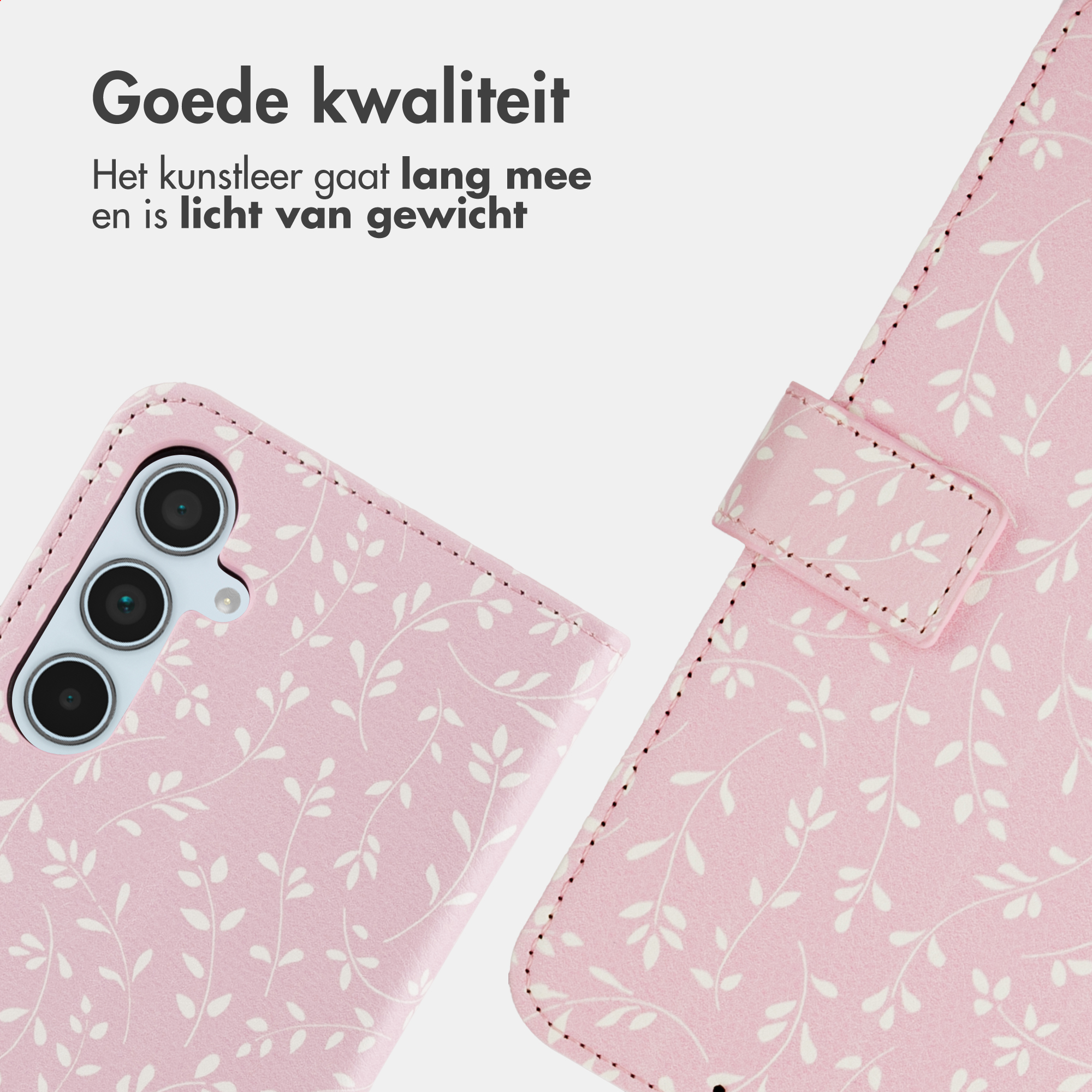 Una custodia per telefono rosa con motivo a foglia e ritaglio fotocamera.