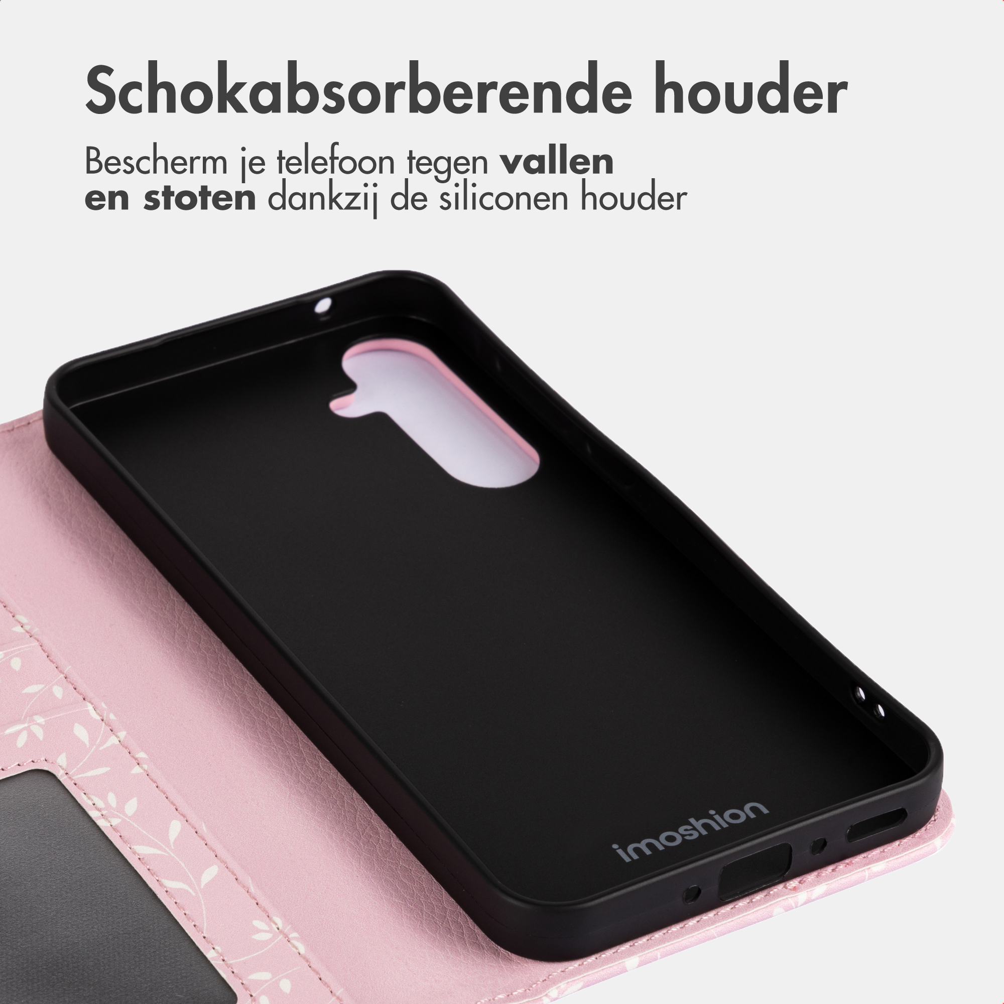 Custodia nera per telefono con flip cover floreale rosa. Logo all'interno.
