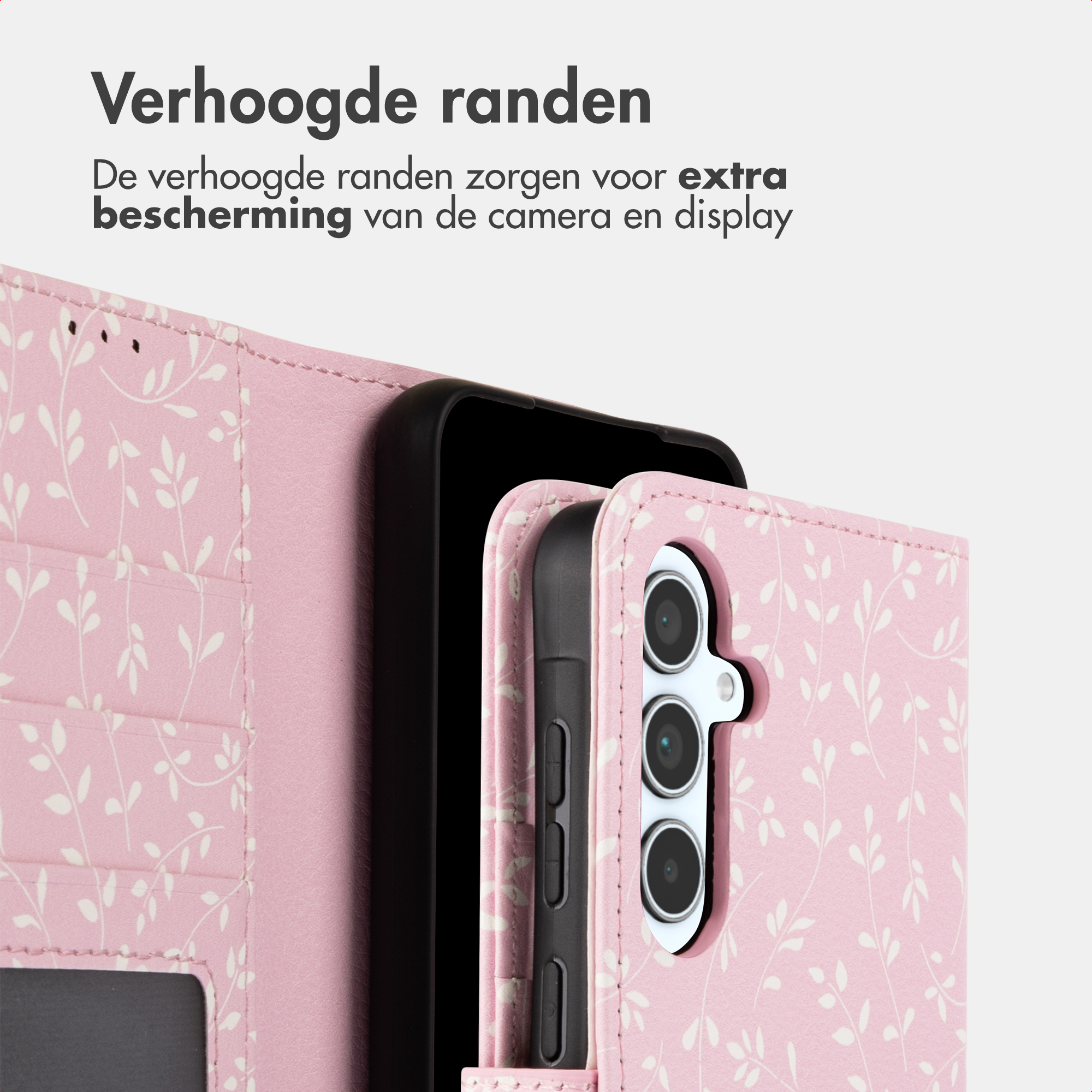 Una cover rosa per telefono con motivo a foglie. Mostra il rialzo della fotocamera.