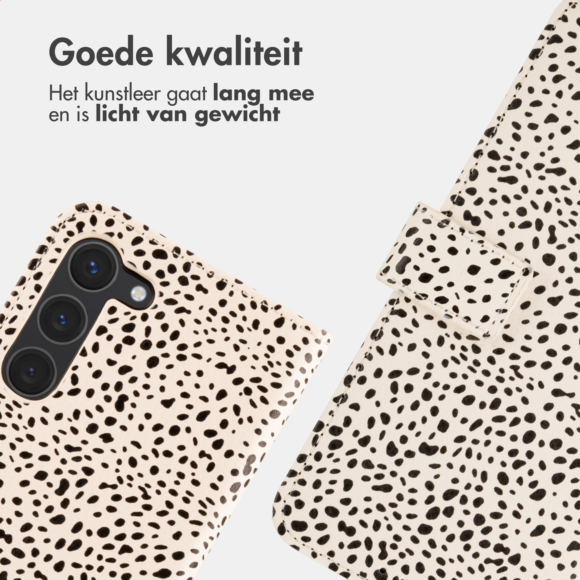A phone case with a black and white dalmatian spot pattern.