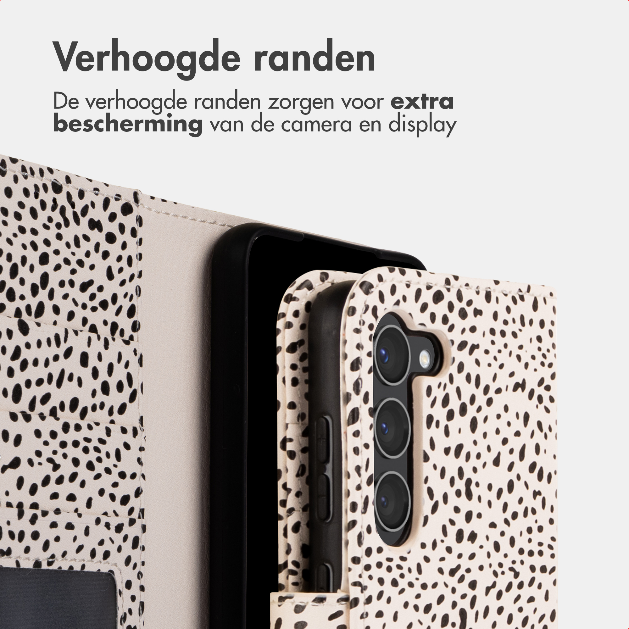 A phone in a dalmatian-print case. Raised edges offer extra protection for camera and display.