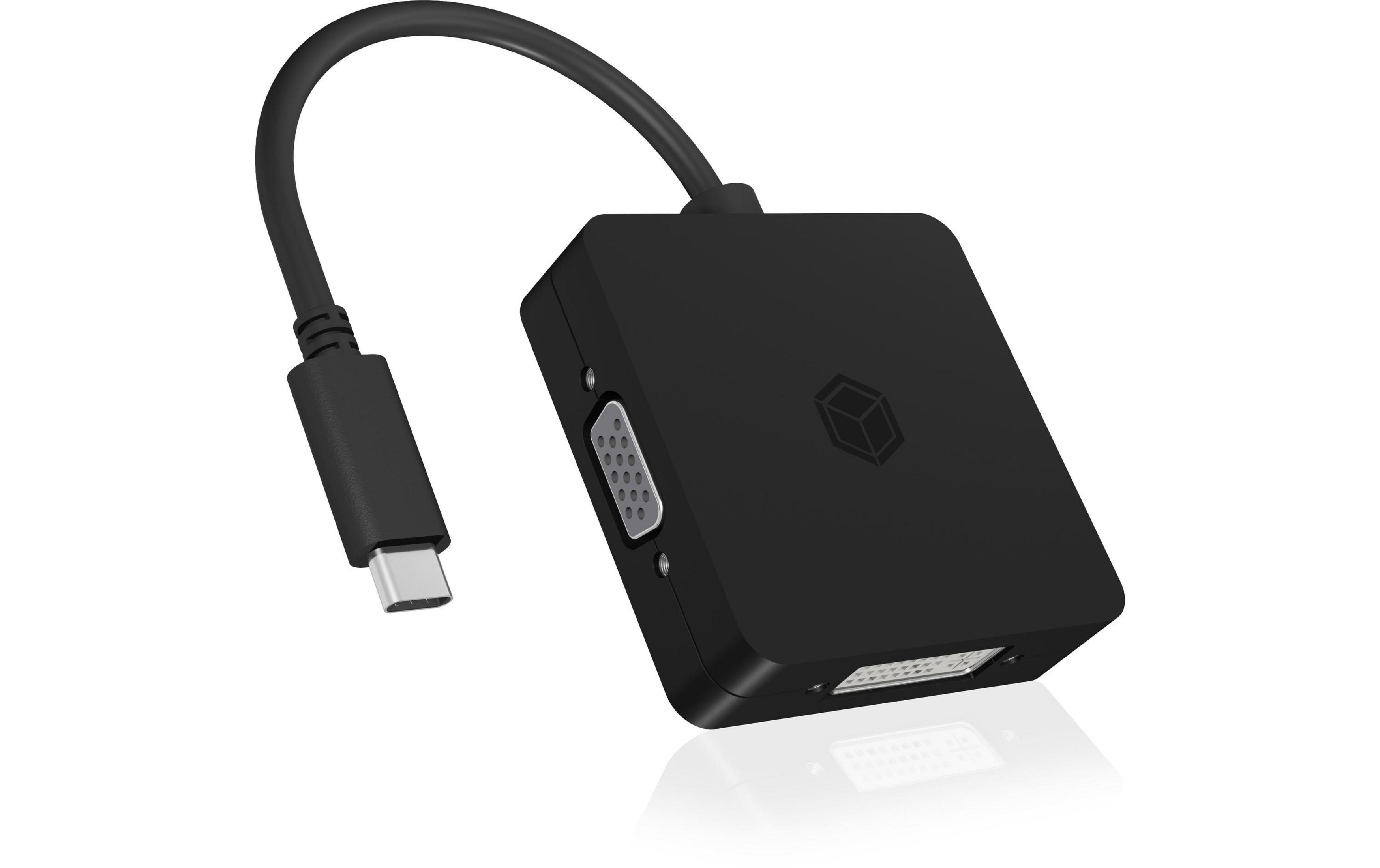 Czarny adapter USB-C z portami VGA i DVI.