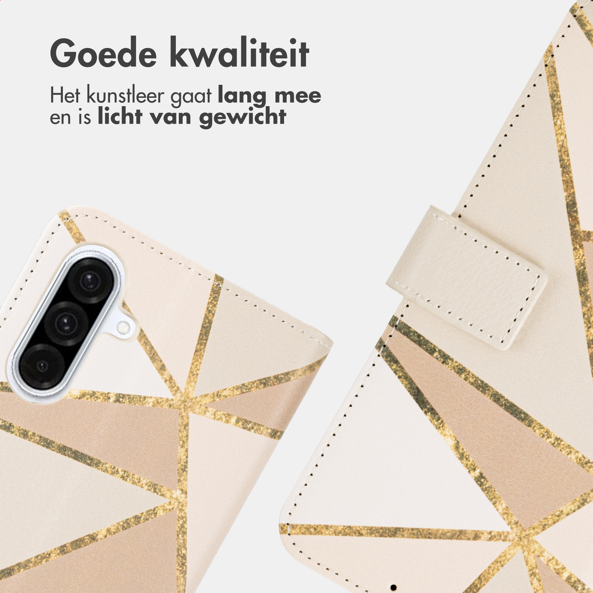 Custodia per telefono con motivo geometrico e accenti dorati.