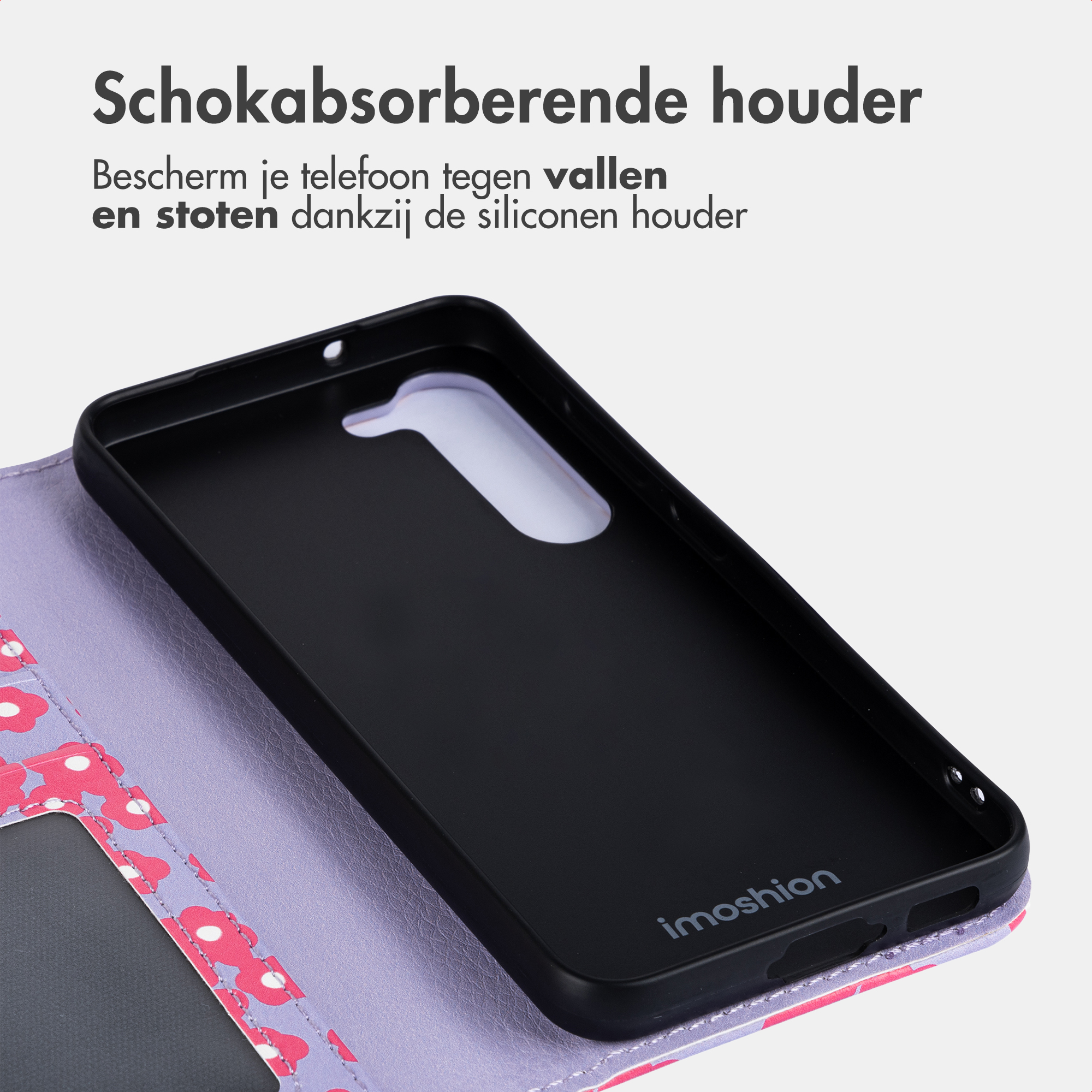 Custodia nera per telefono con motivo floreale viola e slot per carte.