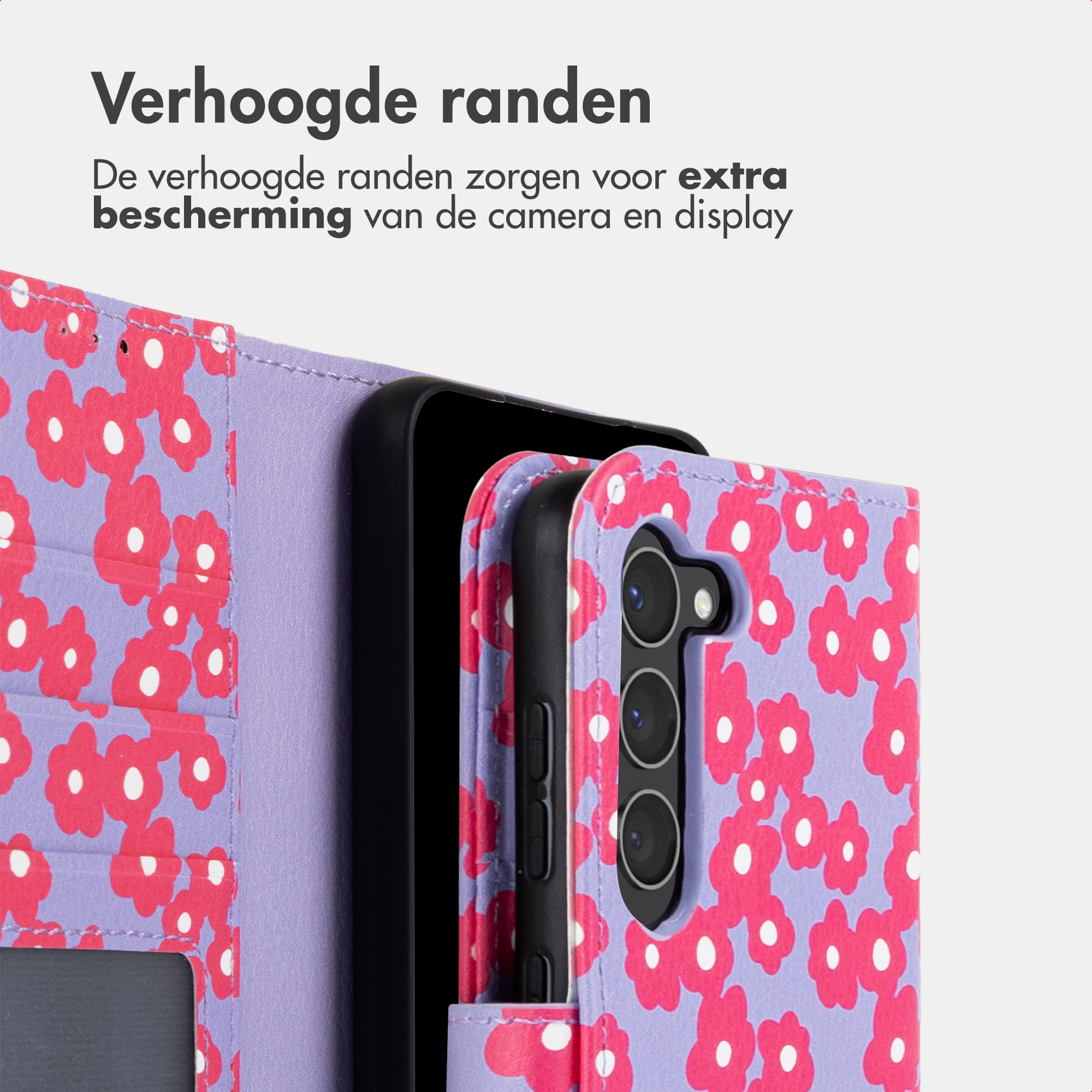 Custodia viola con fiori rosa per smartphone, protegge la fotocamera.