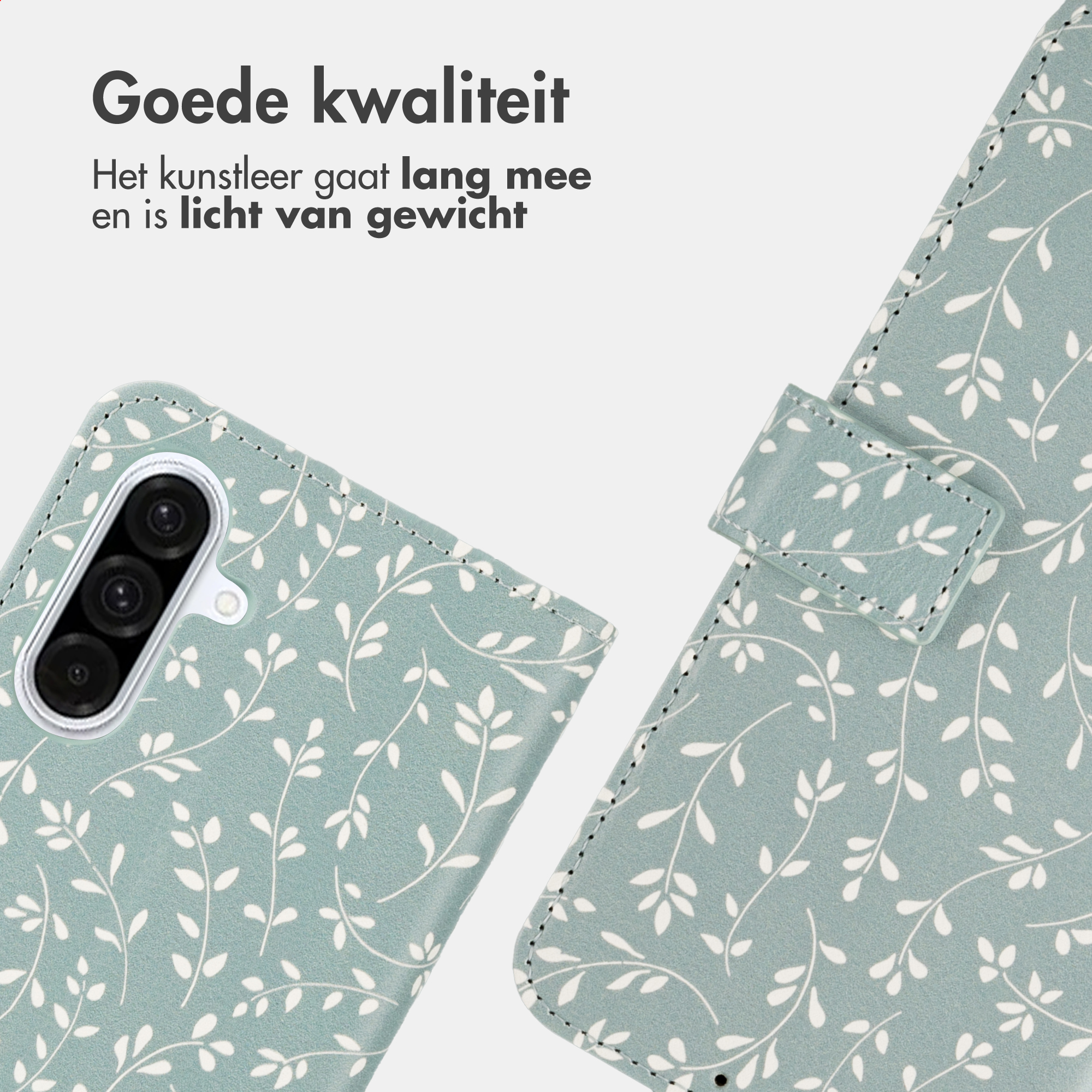 Una cover per telefono verde acqua con motivo a foglie e modulo a tripla fotocamera.
