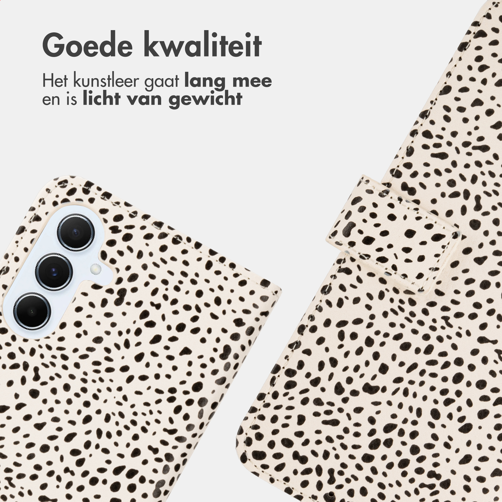Une coque de téléphone à motif dalmatien avec trois objectifs.
