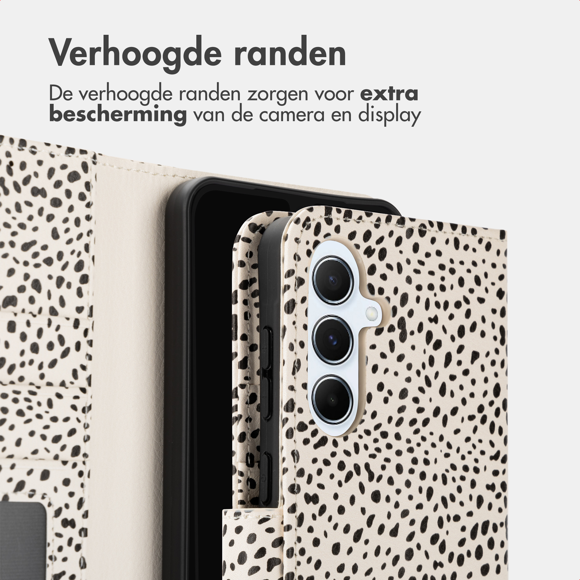 Une coque de téléphone à motif tacheté, montrant une partie du téléphone.