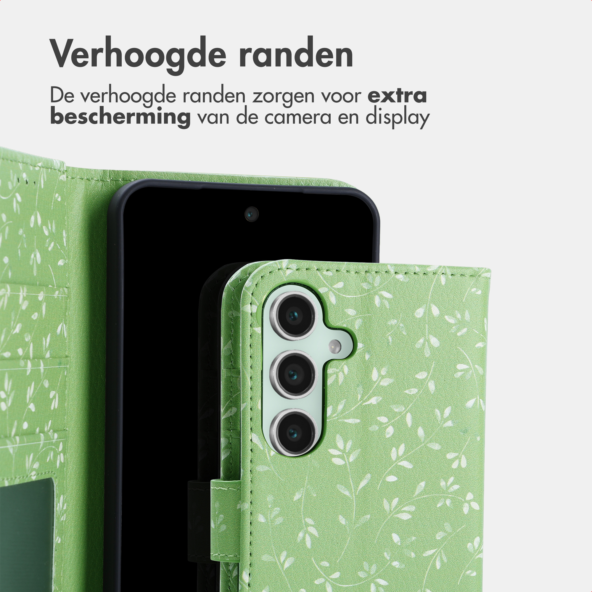Custodia verde per telefono con motivo a foglie, mostra il ritaglio della fotocamera e lo schermo.