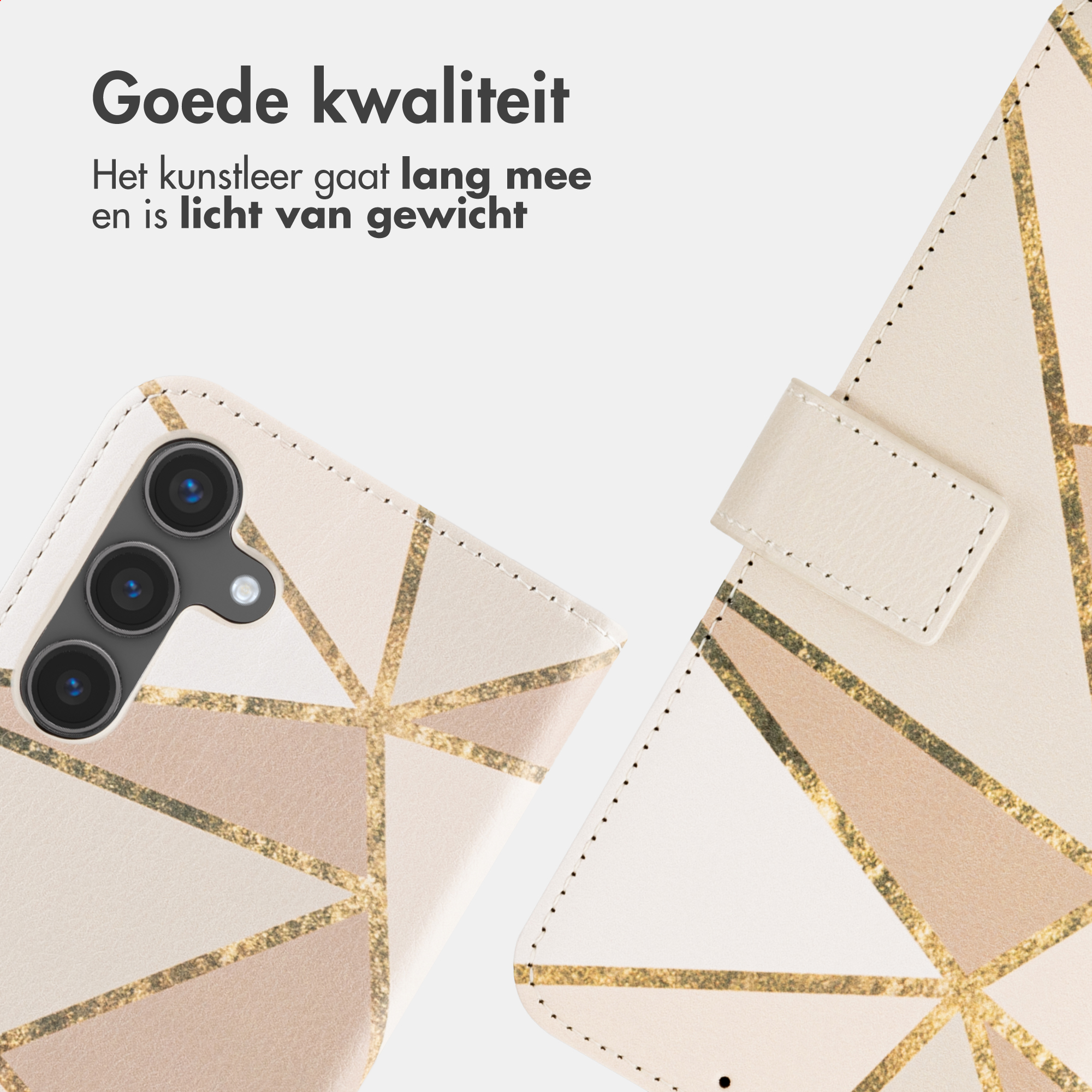 Custodia per telefono con motivo geometrico beige e oro, con modulo fotocamera.