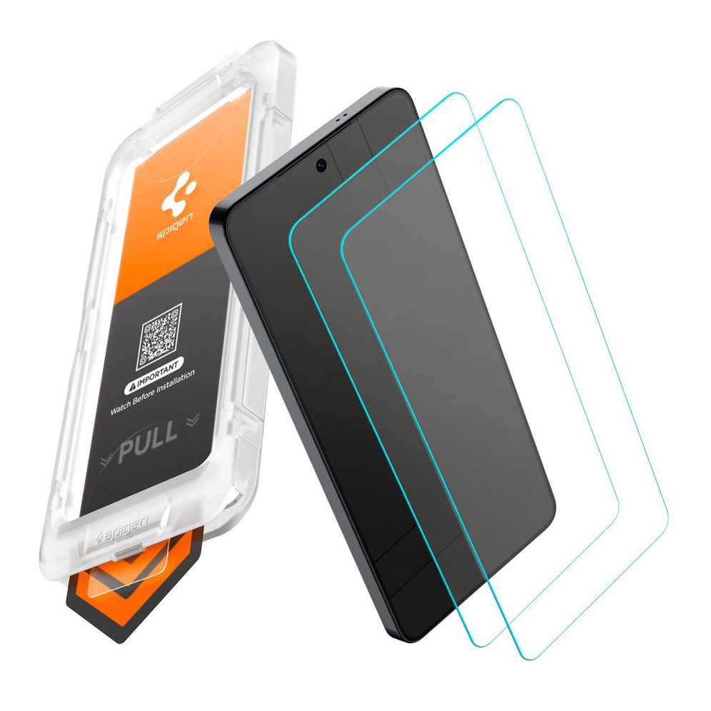 Uno smartphone con due protezioni schermo e uno strumento di installazione.