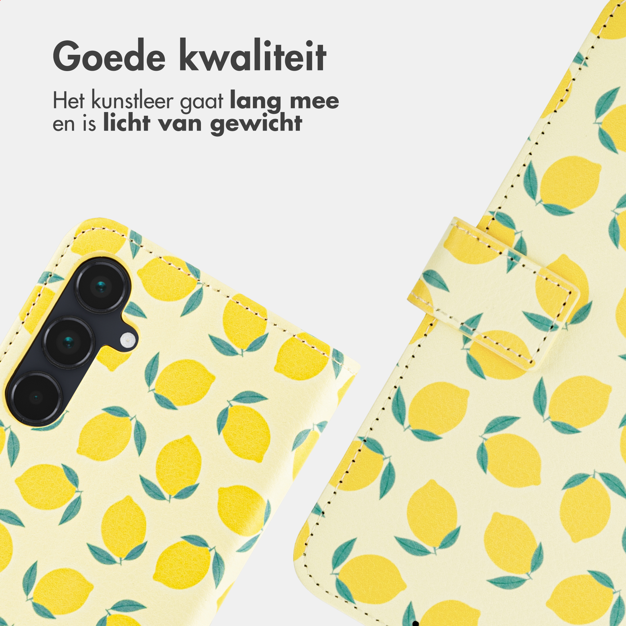 Una custodia per telefono giallo chiaro con motivo a limoni e modulo fotocamera.