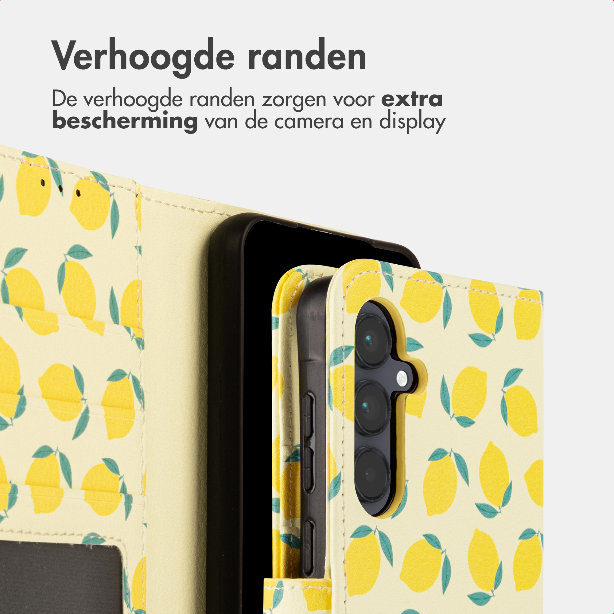 Una custodia per telefono con fantasia di limoni e ritaglio per fotocamera.