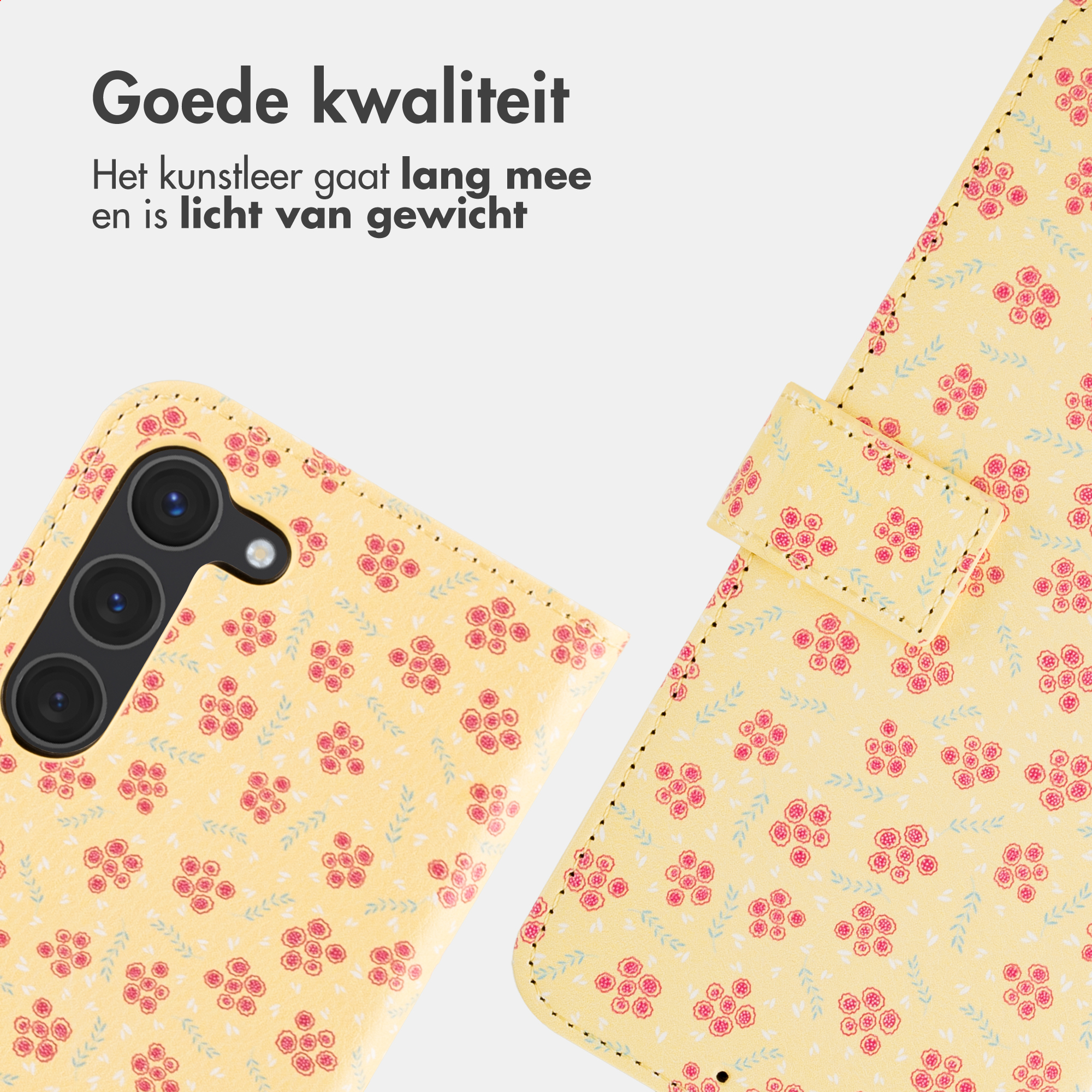 Yellow phone case with floral pattern and camera module.