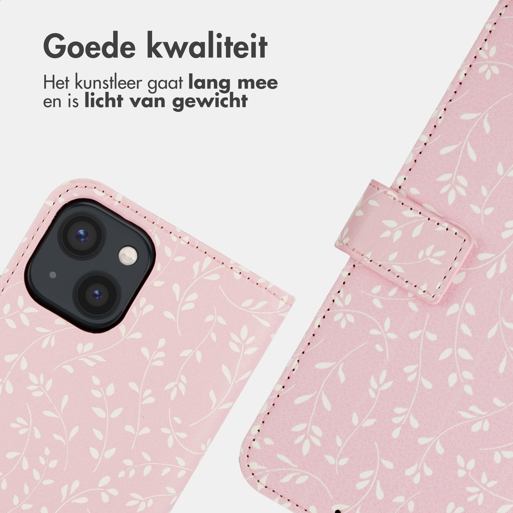 Una custodia rosa per telefono con motivo a foglie e apertura per fotocamera.