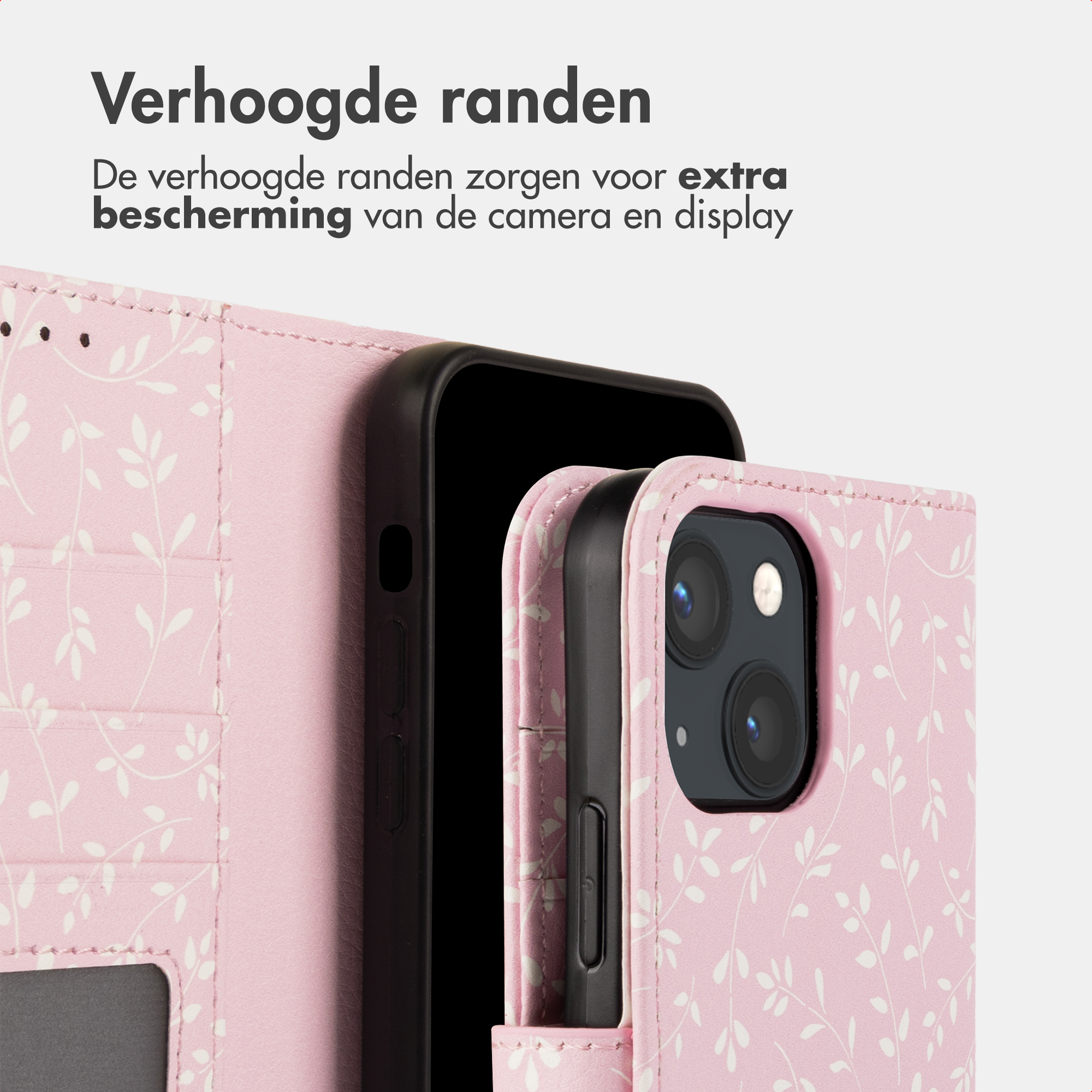 Una custodia rosa con motivo a foglia, che protegge uno smartphone.
