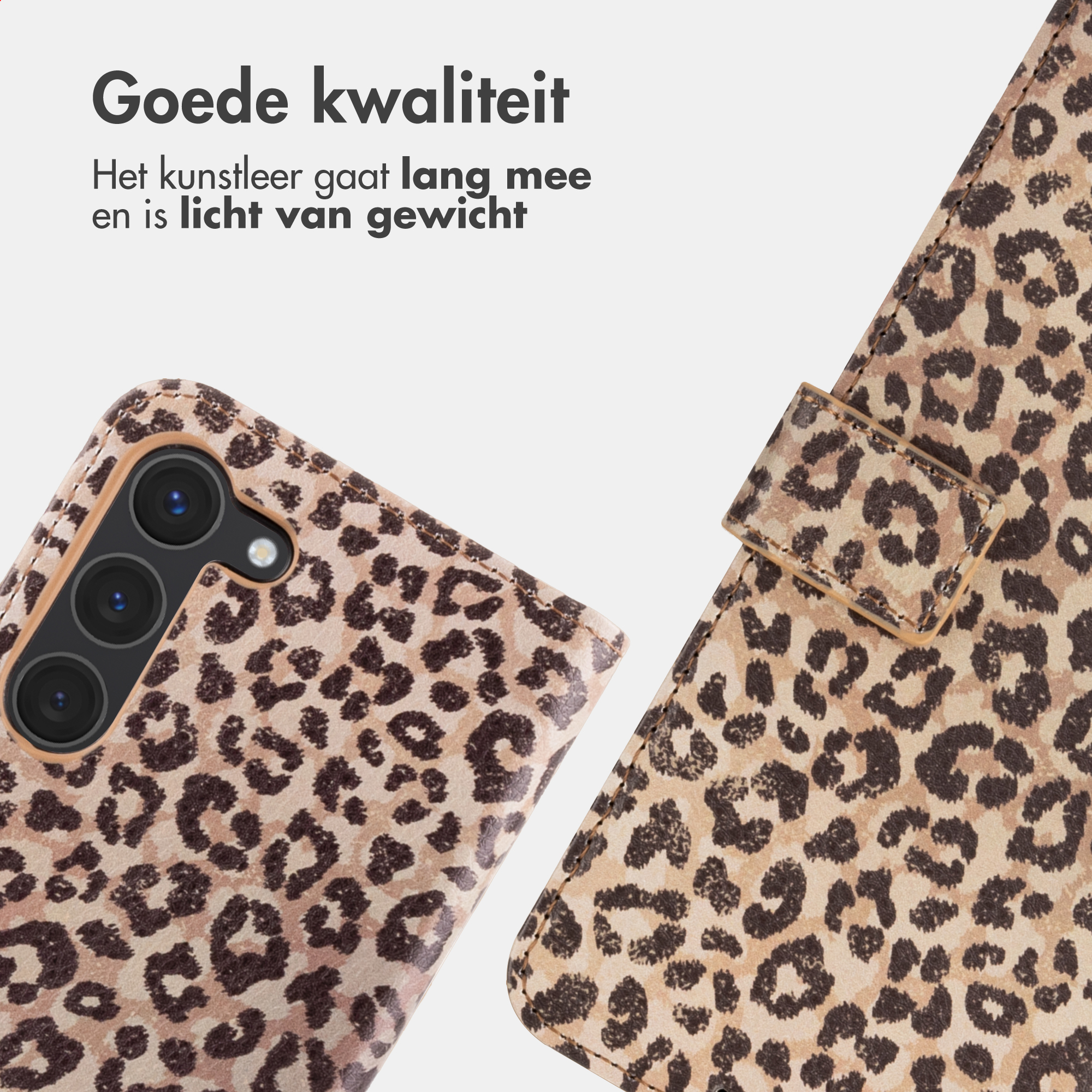 Una custodia per telefono con stampa leopardata e tre fotocamere. Ecopelle.