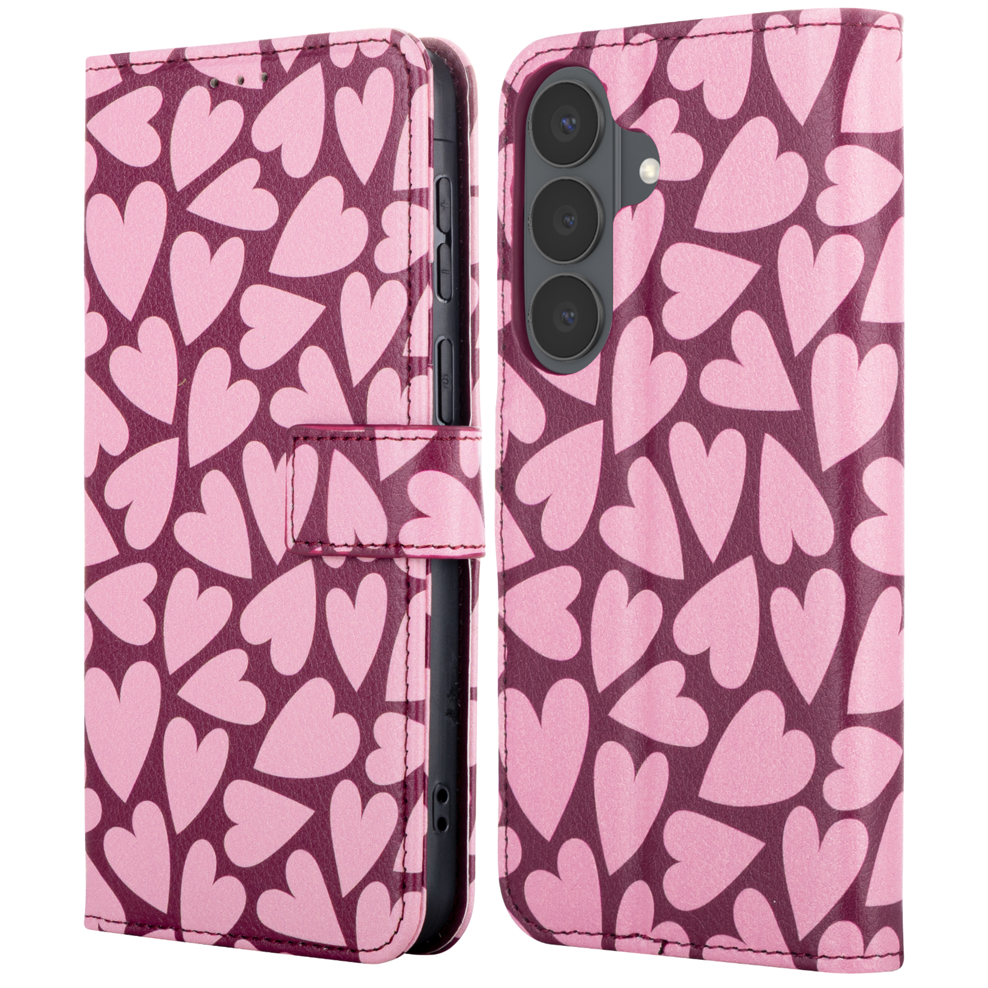 Een roze hartpatroon op een telefoonhoesje met drie camera's.
