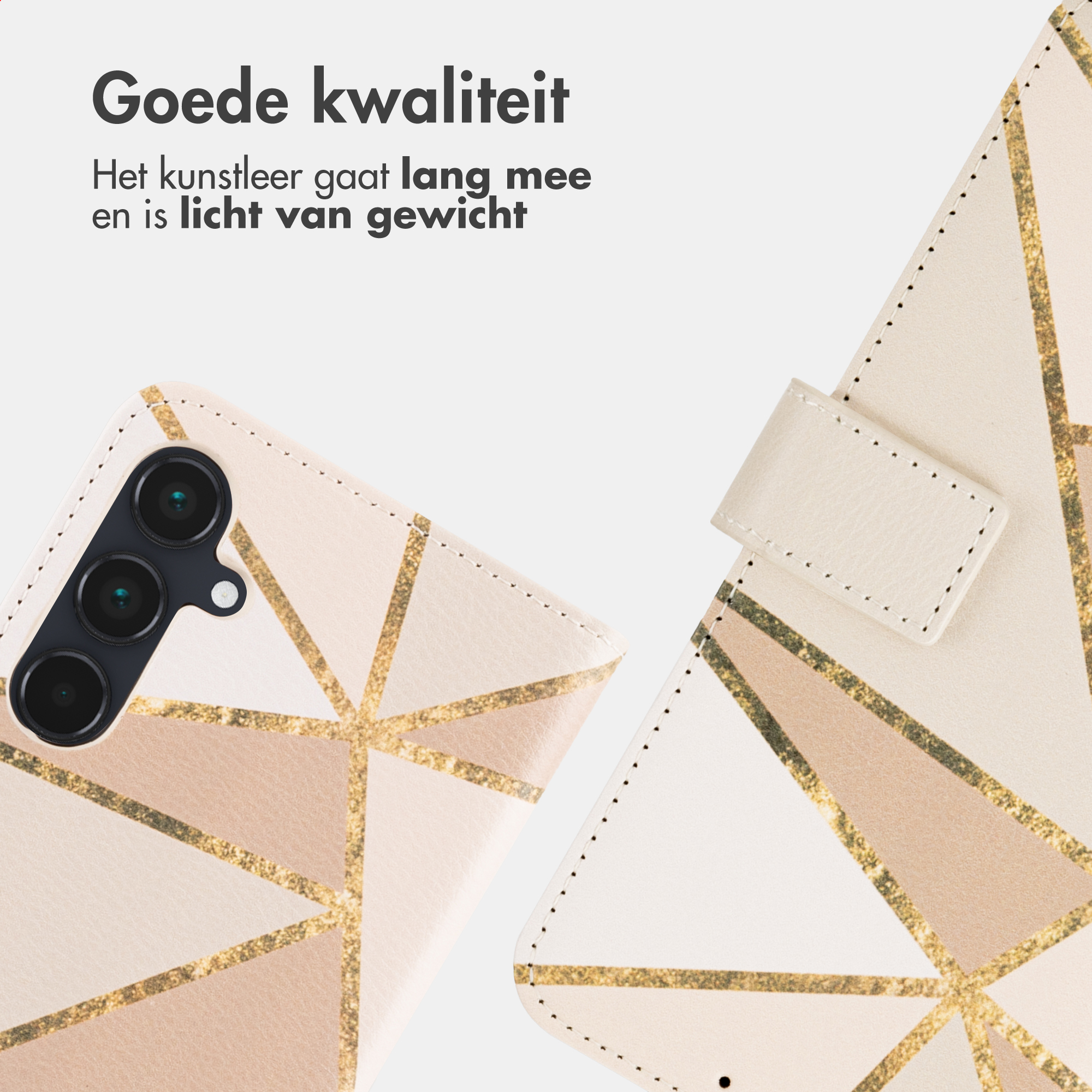 Custodia per telefono con motivo geometrico oro e beige.