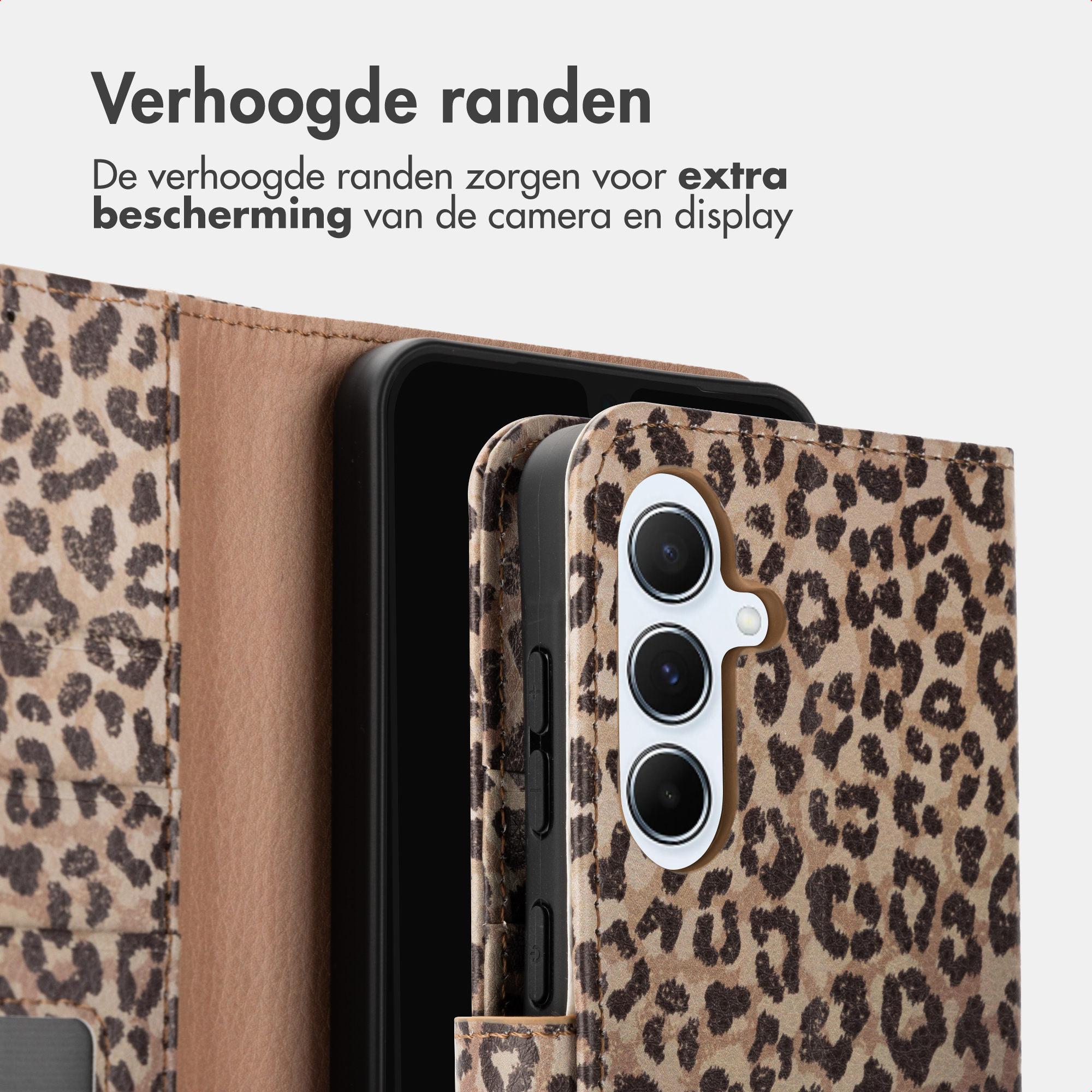Étui de téléphone léopard à bords surélevés pour appareil photo et écran.