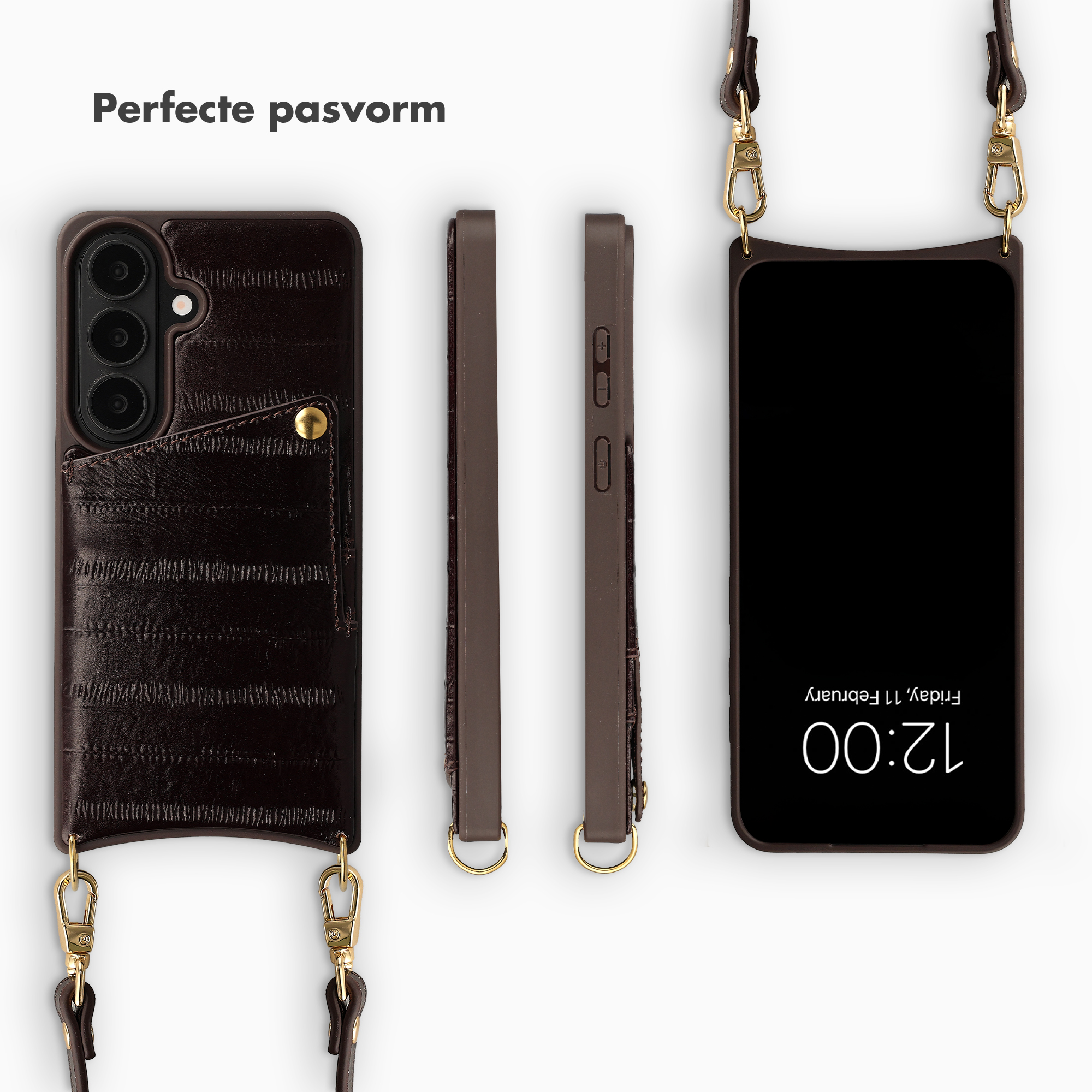 Custodia marrone per telefono con tracolla e porta carte. Viste camera e lati.