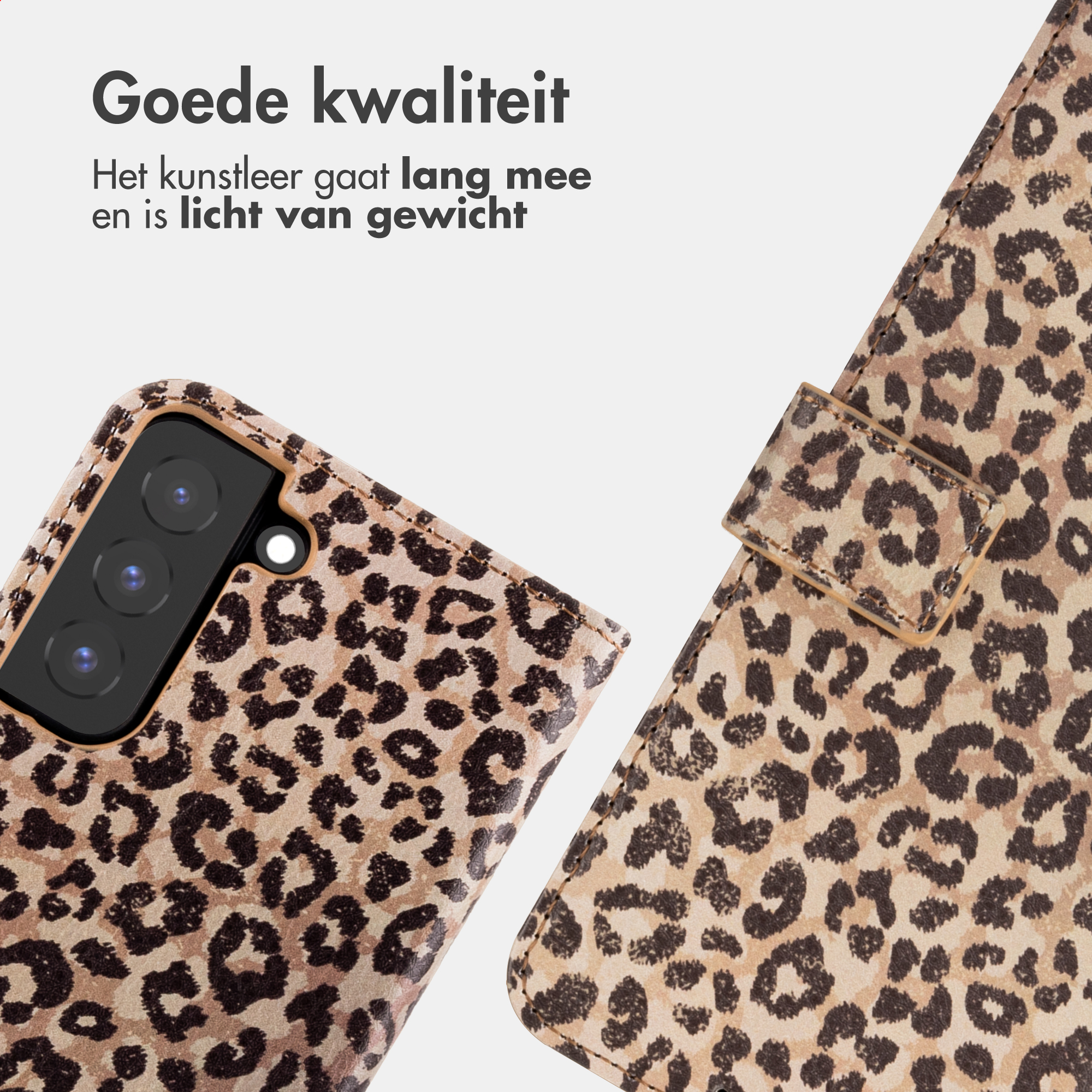 Custodia per telefono leopardata con tre lenti e chiusura.