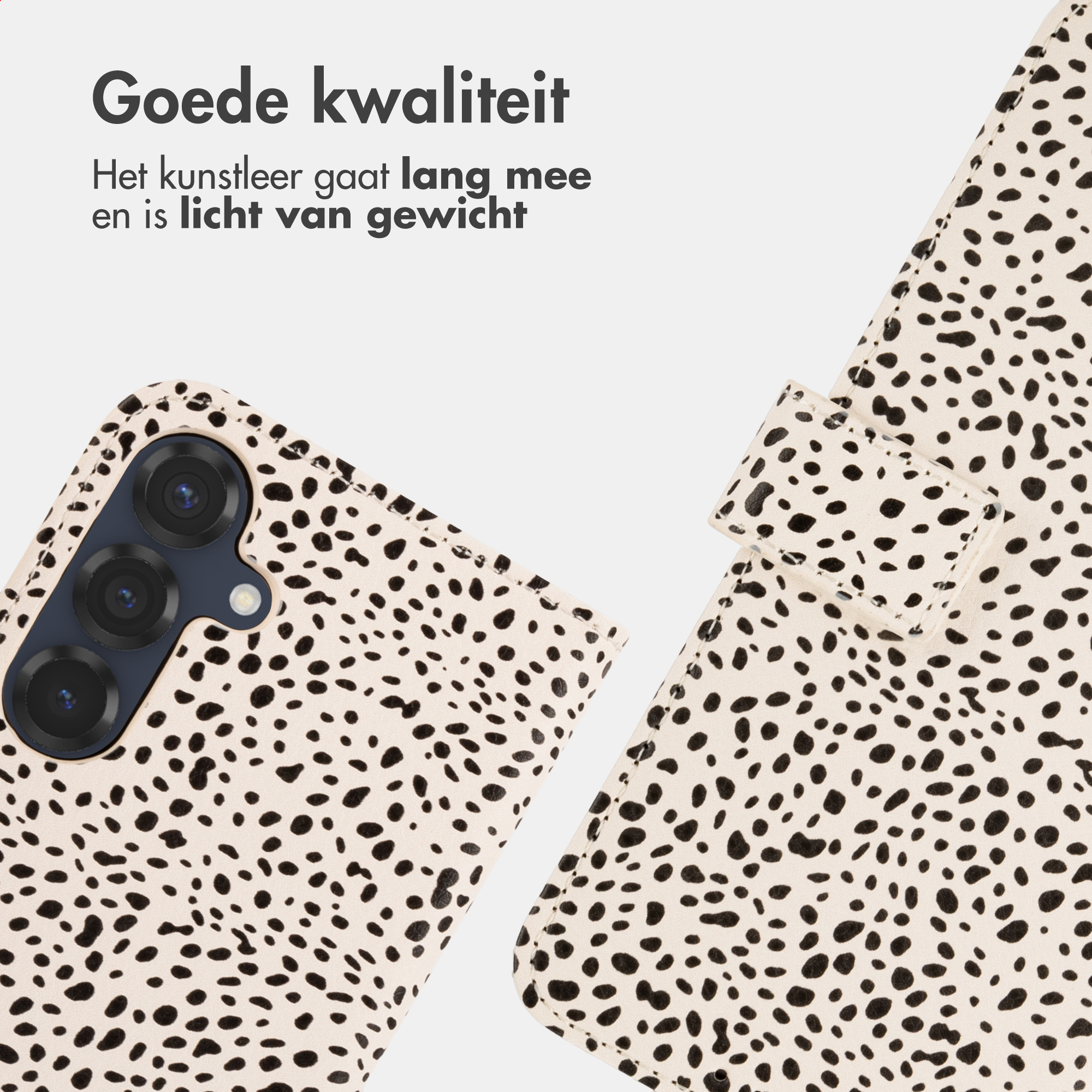 Una custodia per telefono beige con macchie nere e lenti della fotocamera.