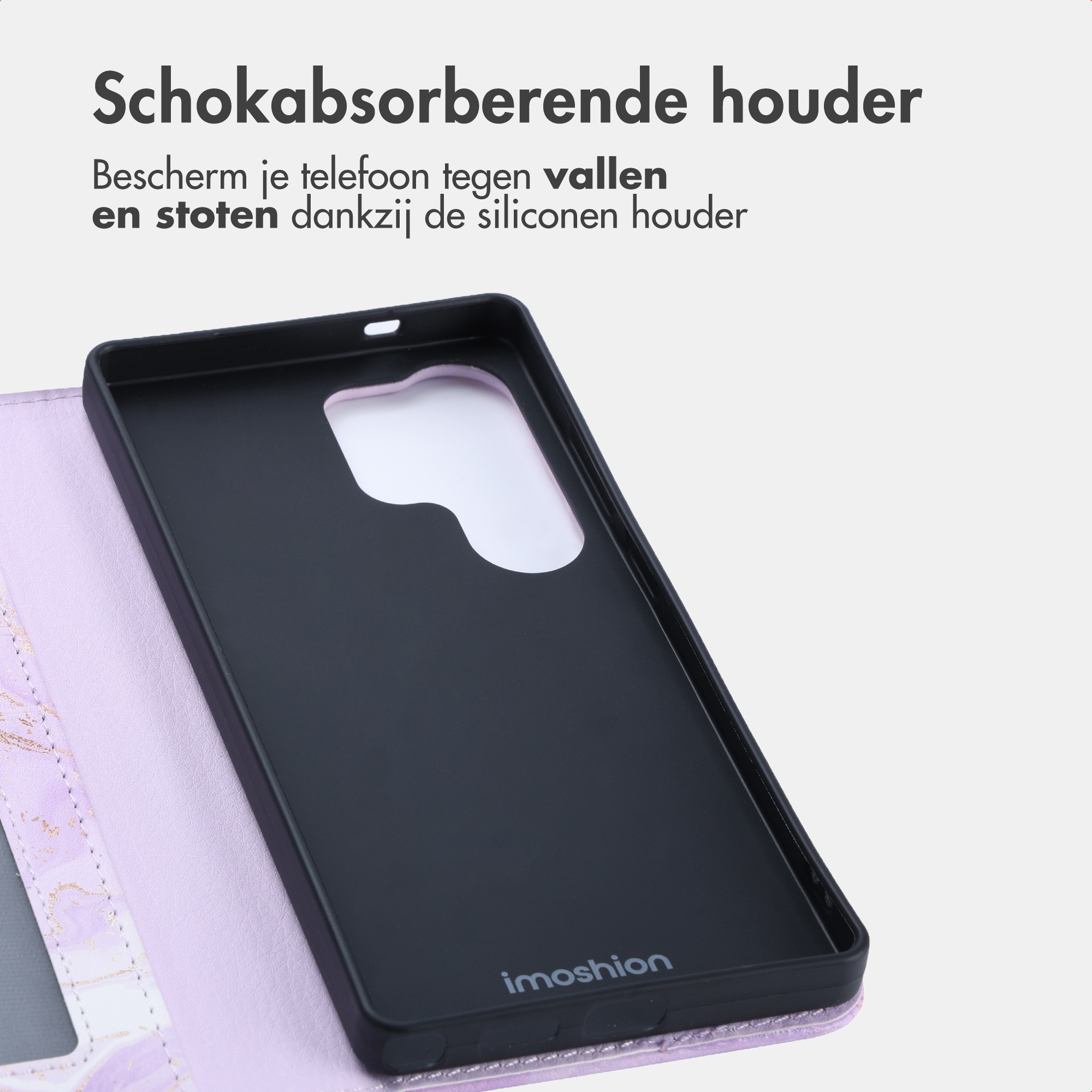 Custodia nera per telefono con custodia a portafoglio viola effetto marmo. Logo 'imoshion'.