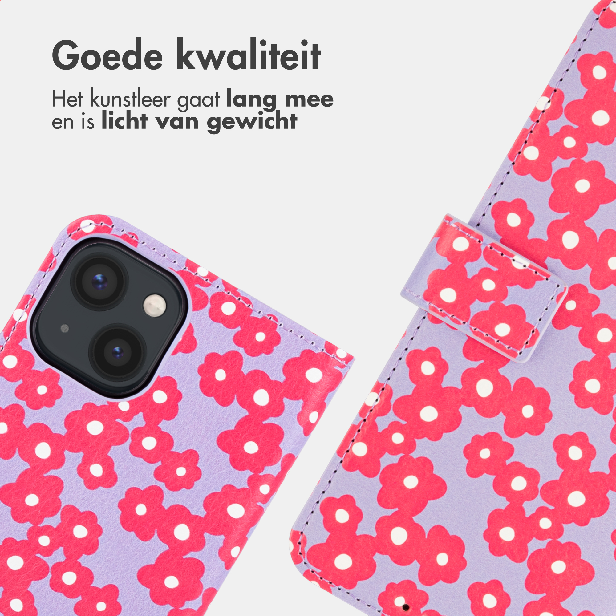 Una cover viola per telefono con fiori rossi e un blocco fotocamera nero.