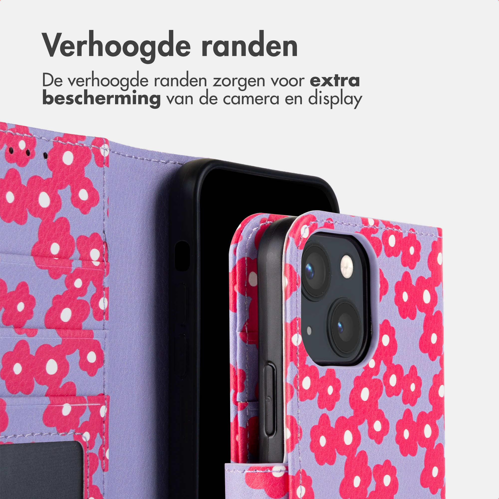 Una custodia viola per telefono con motivo floreale rosa, che mostra parte di un telefono nero.