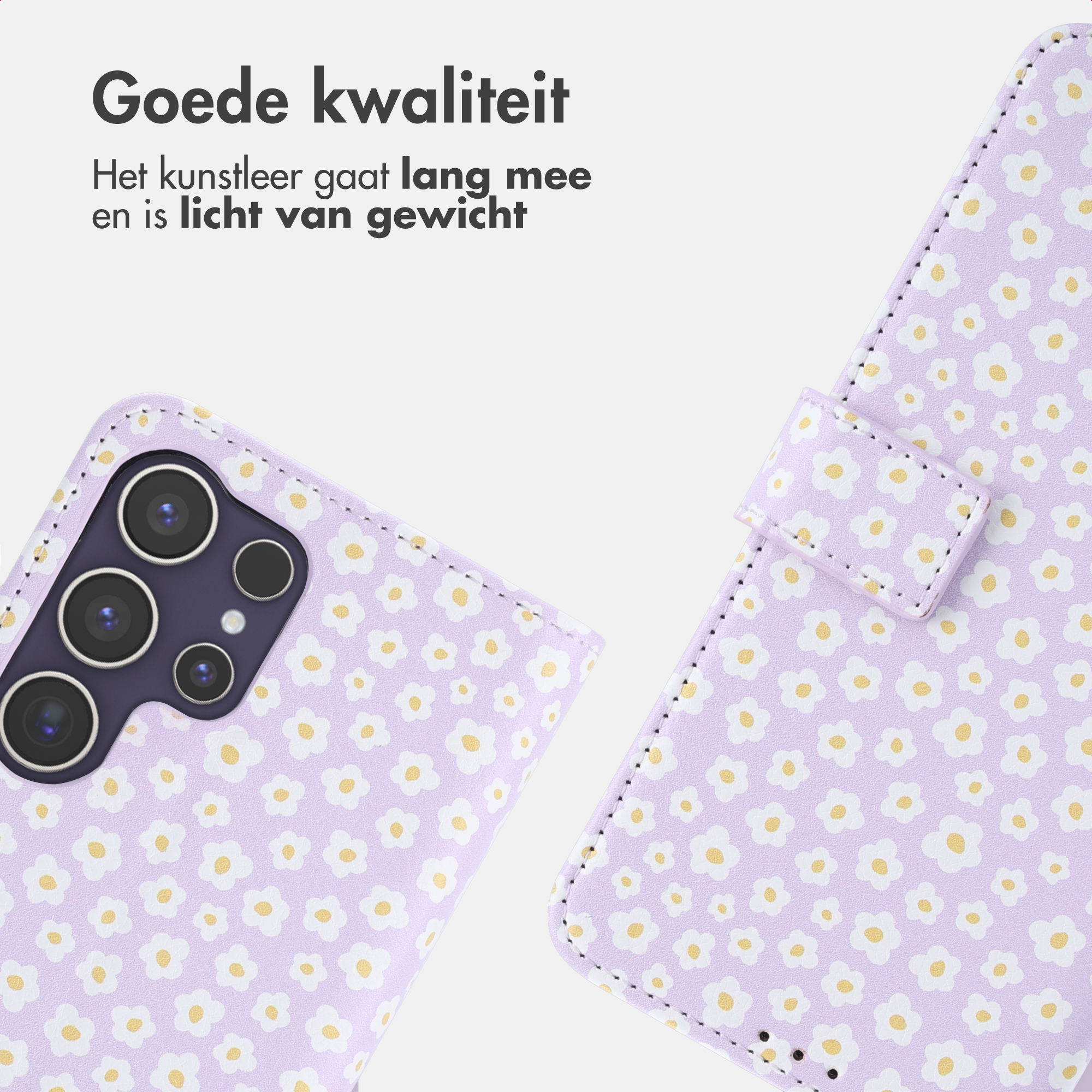 Custodia viola per telefono con motivo floreale bianco e giallo.