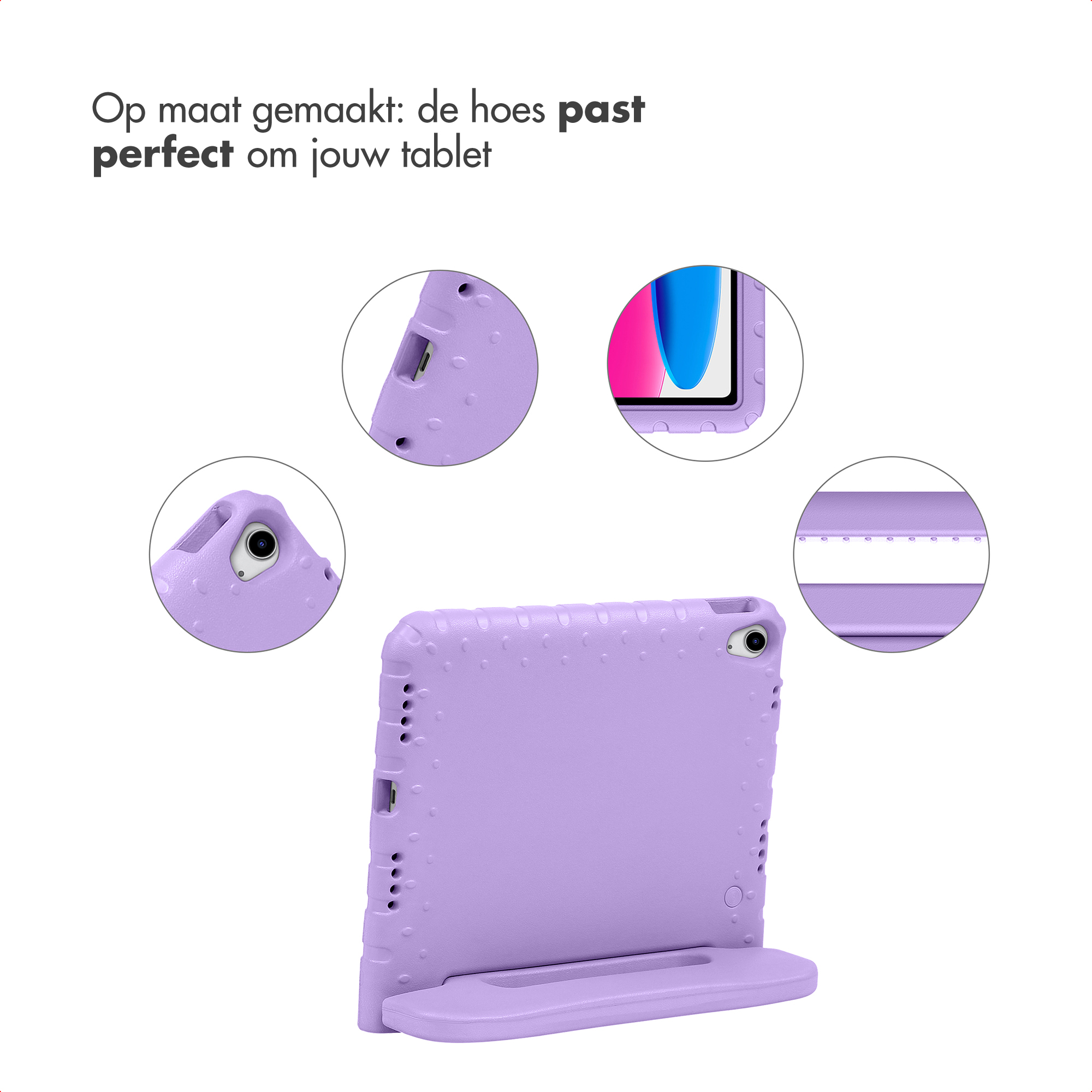 A purple tablet case with cutouts and a stand.