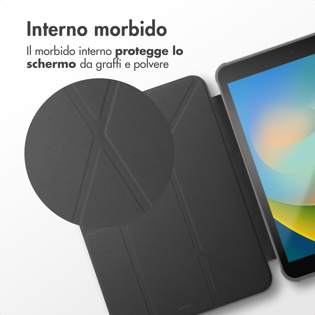 A dark grey tablet case with a soft interior lining is shown.