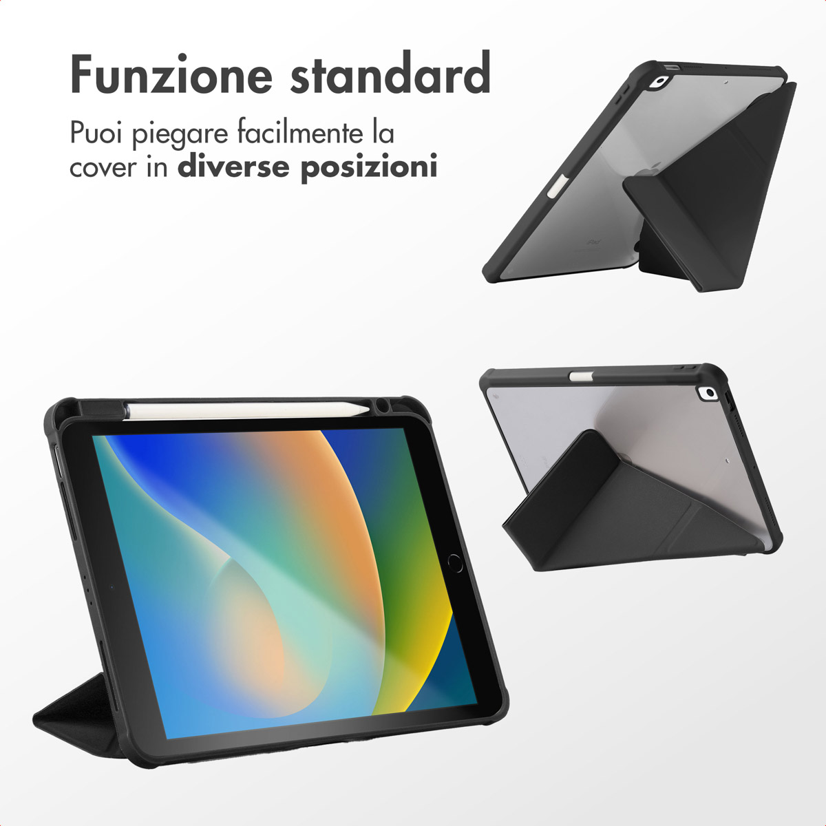 A black tablet with a stylus holder and stand is shown from multiple angles.