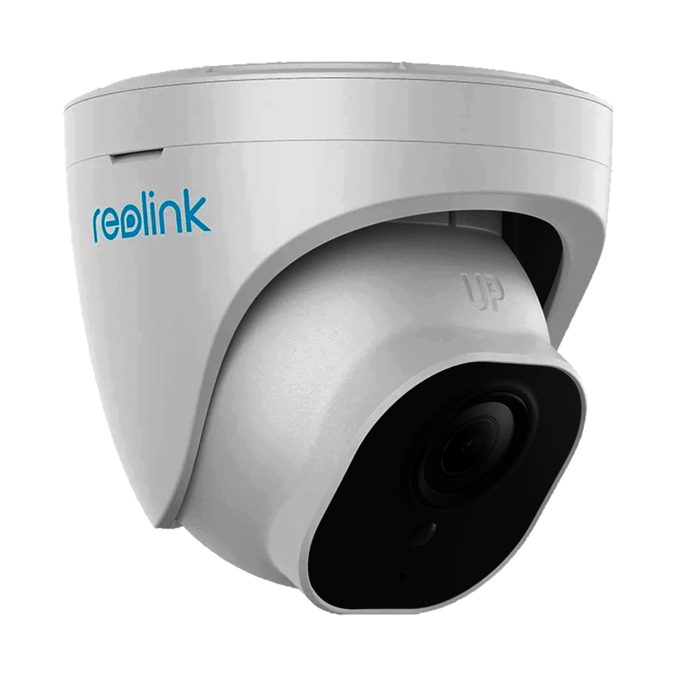 Una telecamera di sicurezza bianca con logo Reolink e scritta 'UP'.