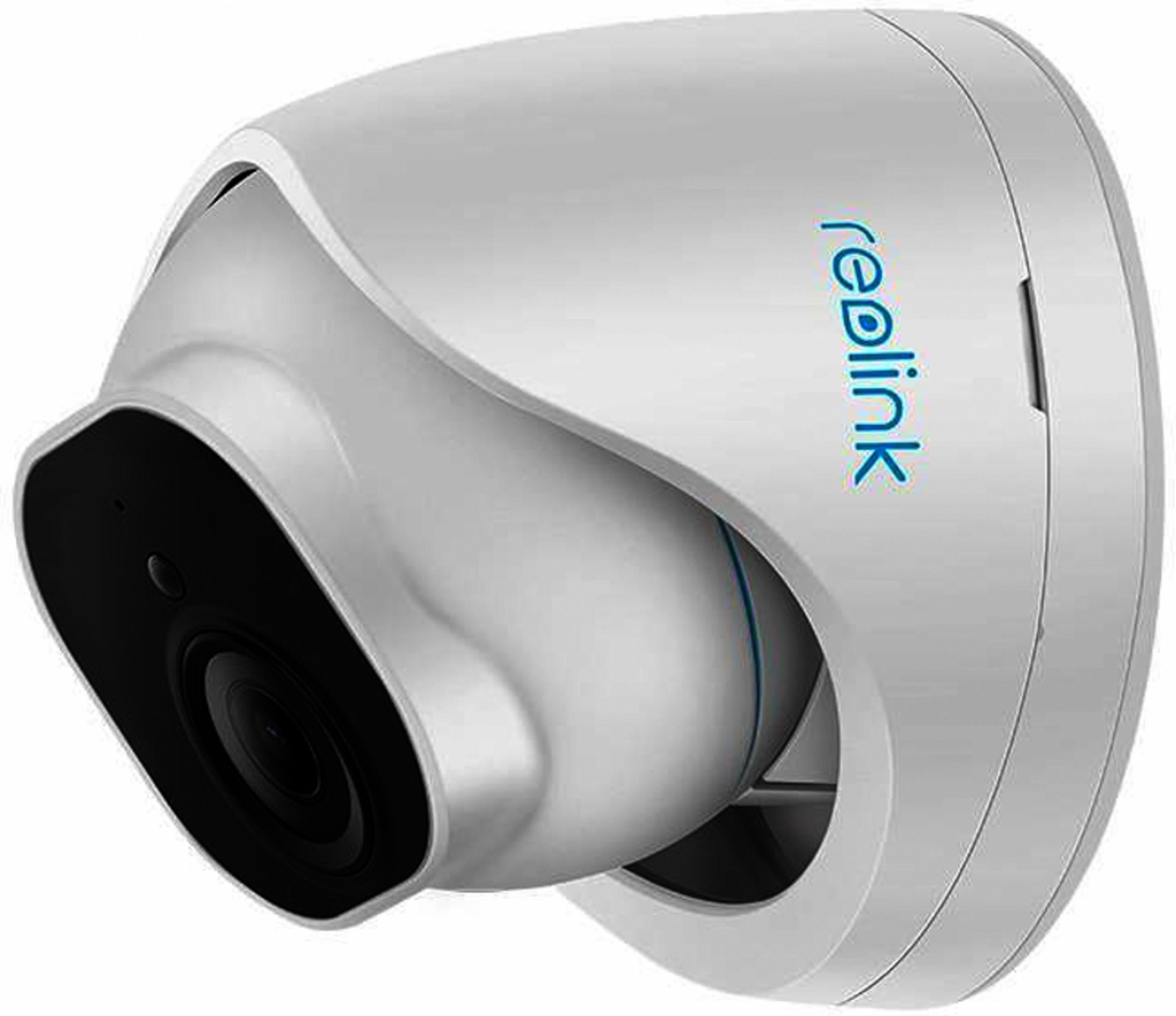 Una telecamera di sicurezza bianca con scritta blu 'reolink'.