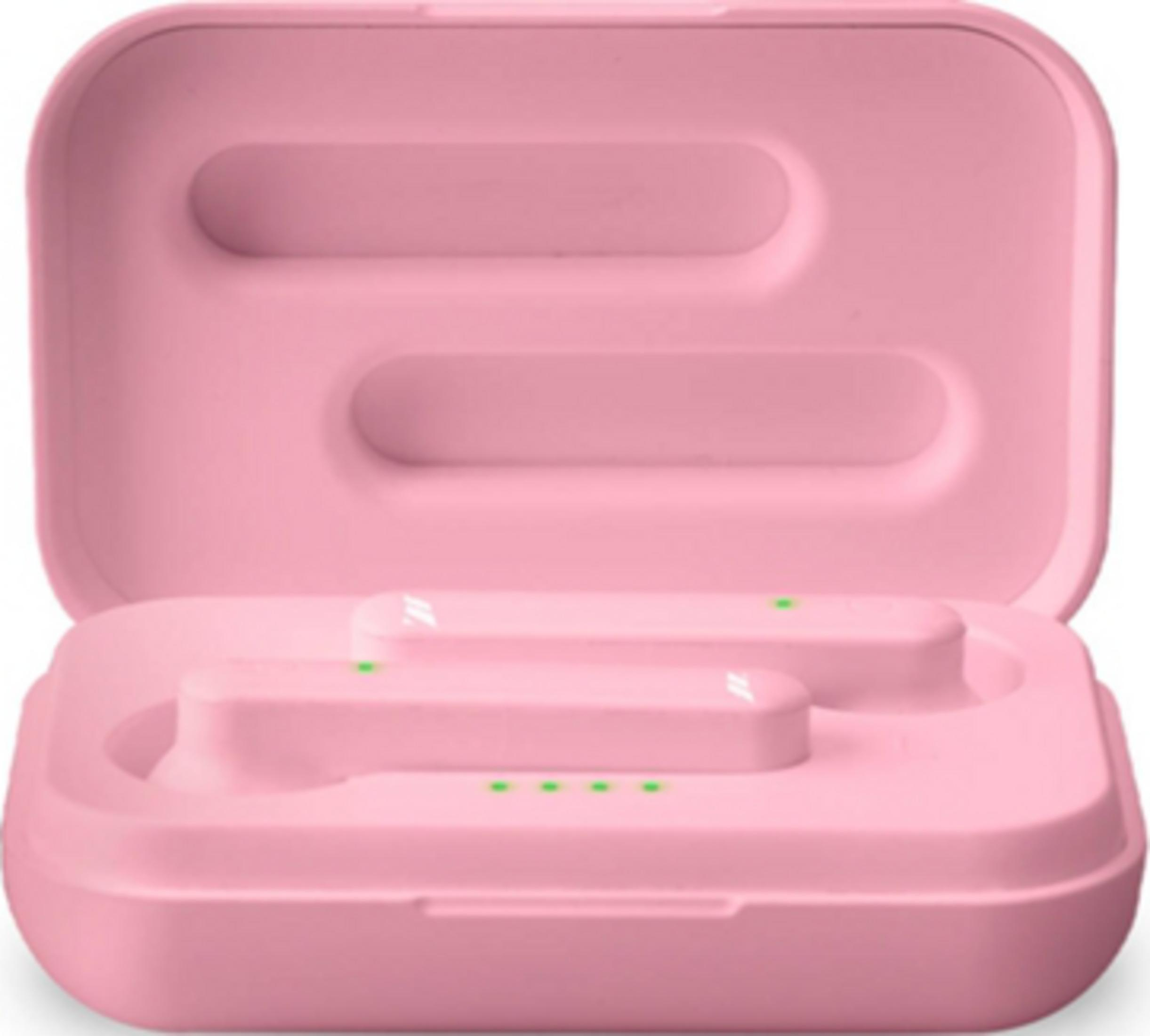 Una custodia di ricarica rosa con due auricolari e luci di ricarica verdi.