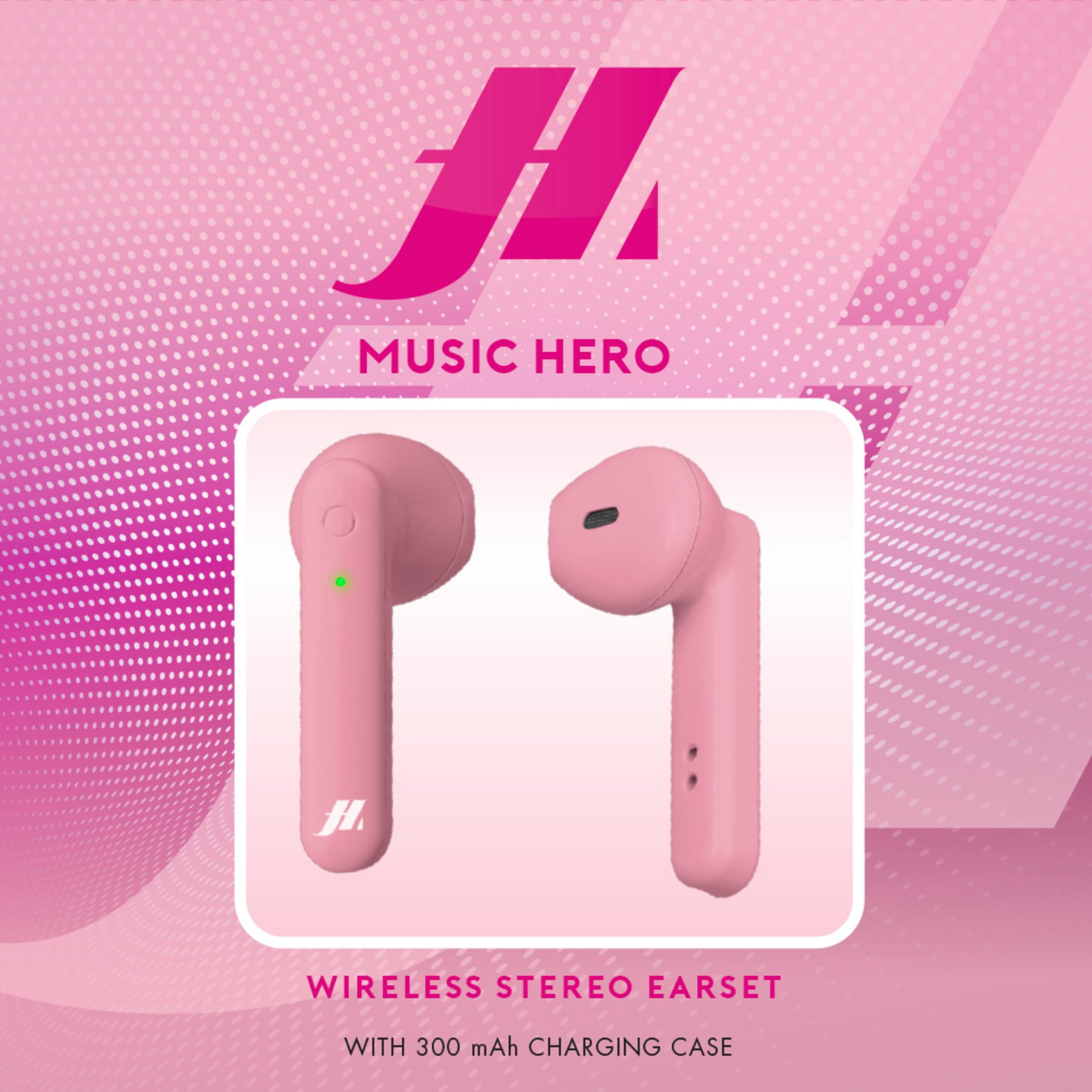 Due auricolari wireless rosa con logo JH, LED verde.
