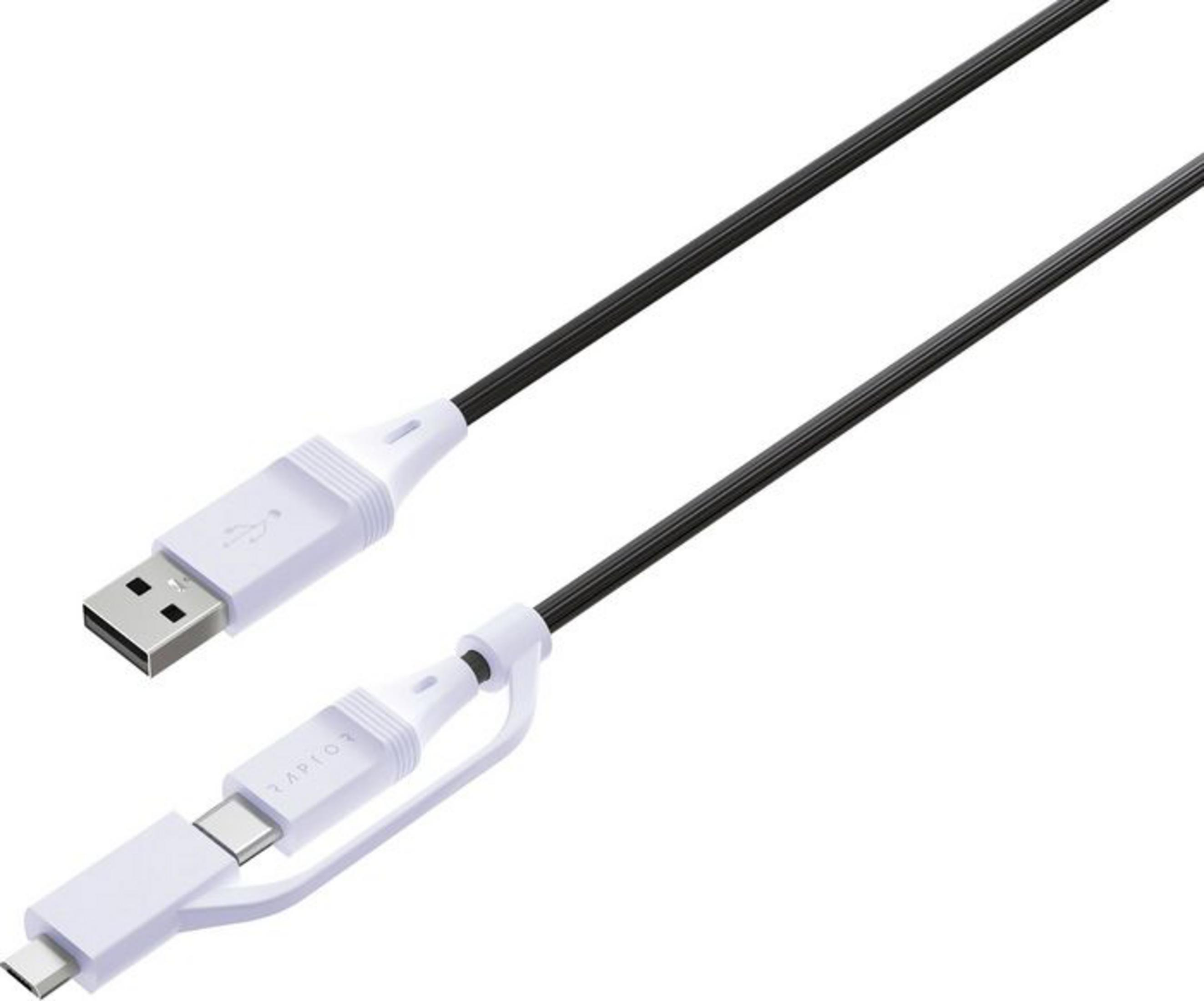 Un cable USB-C negro con conector blanco y un puerto USB-A.