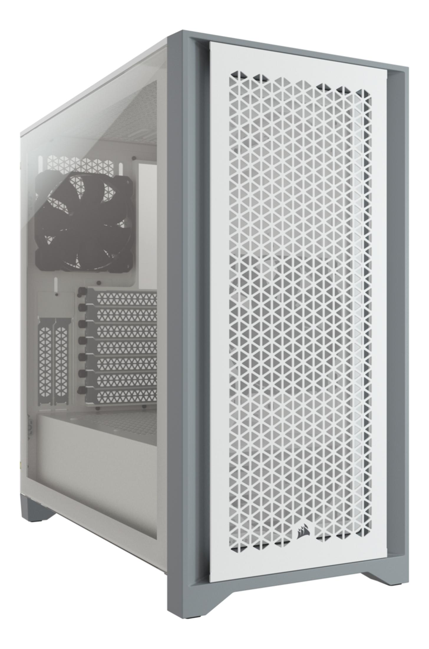 Case PC grigio con pannello laterale in vetro e pannello frontale bianco.